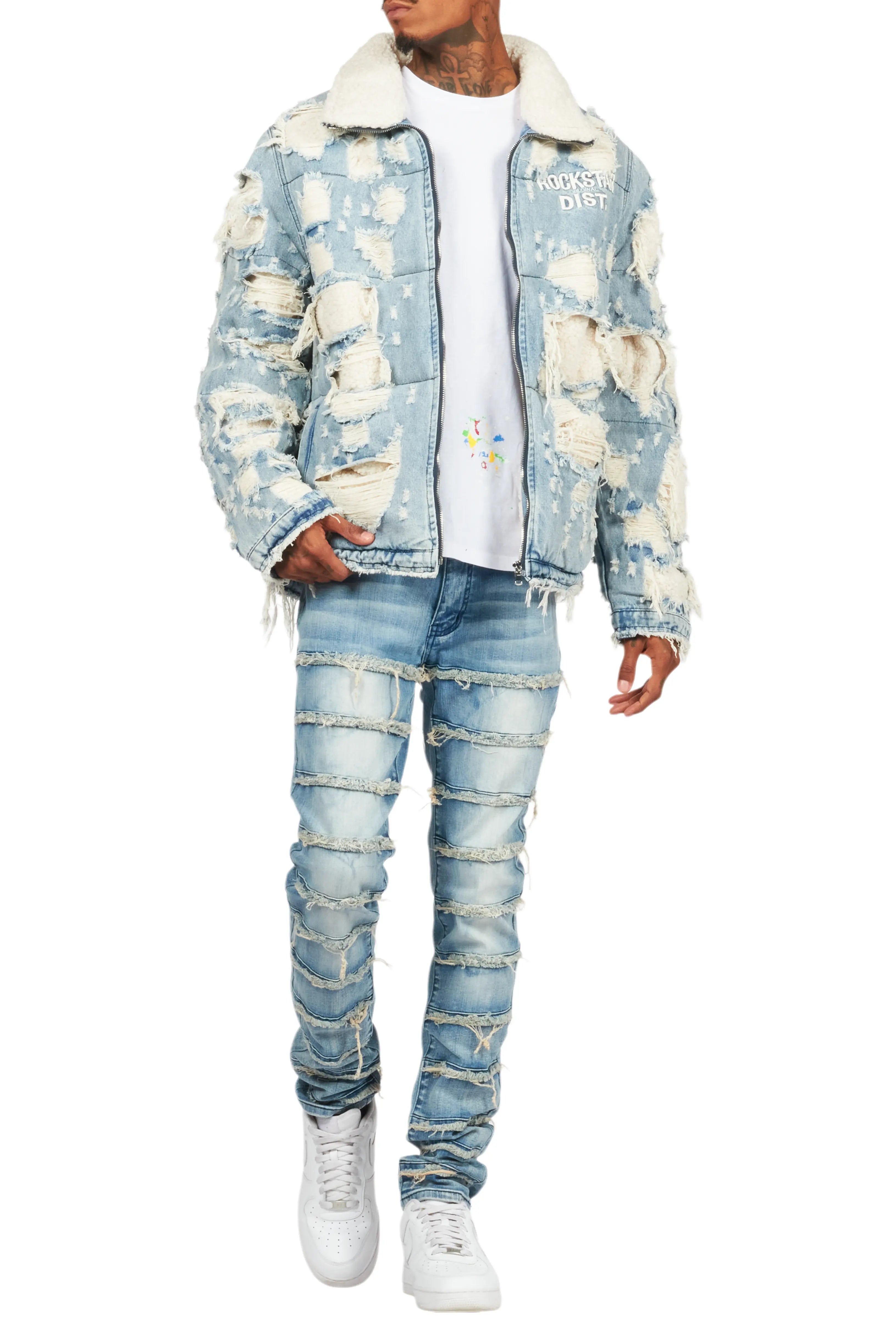 Faro Blue Denim Sherpa Puffer Jacket