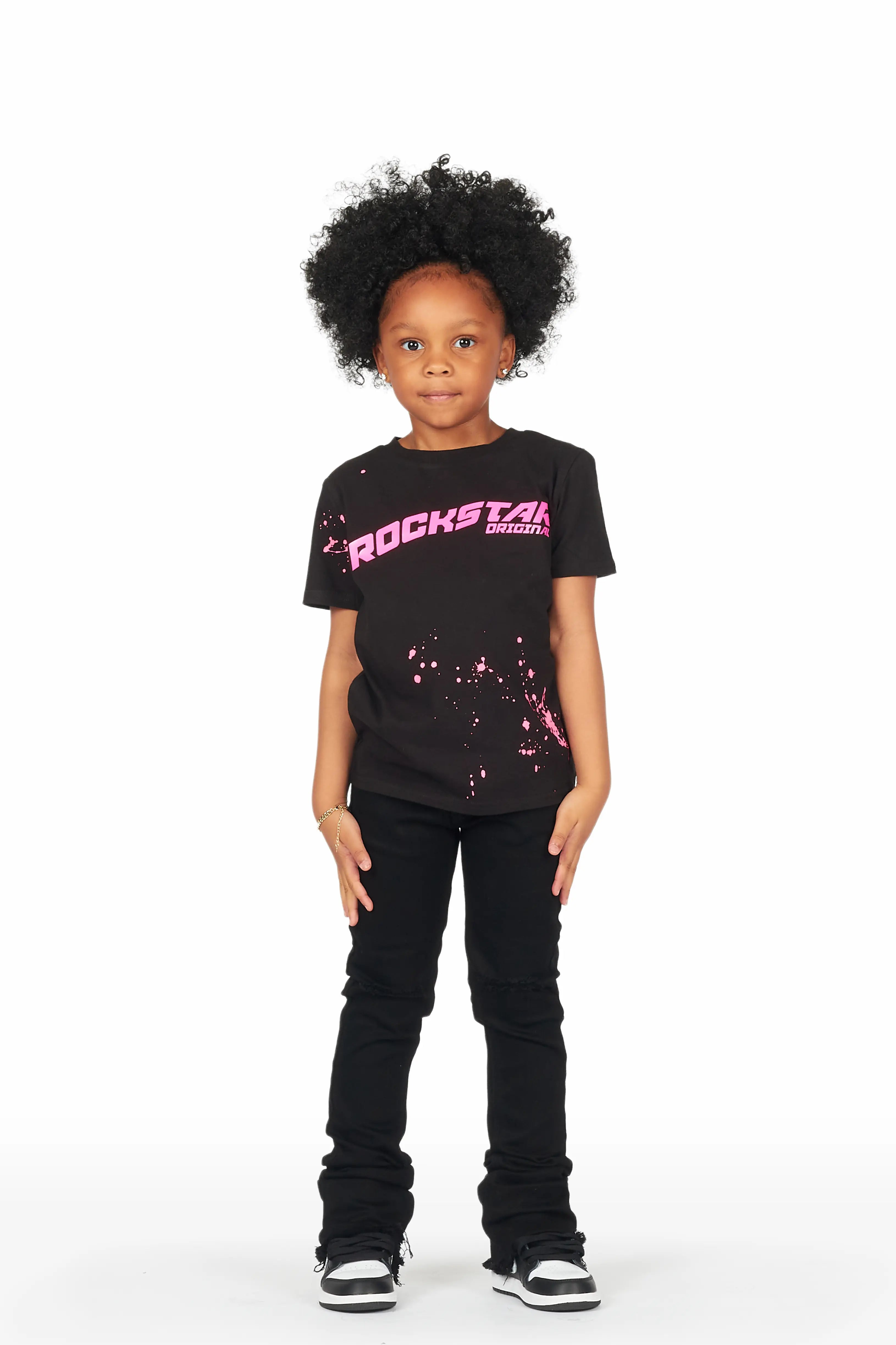 Girls Elmina Black T-Shirt Super Stacked Flare Jean Set