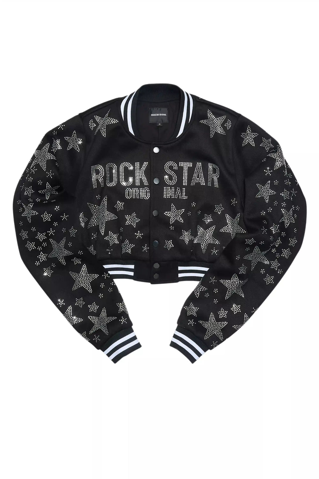 Shanda Black Crop Rhinestone Varsity Jacket