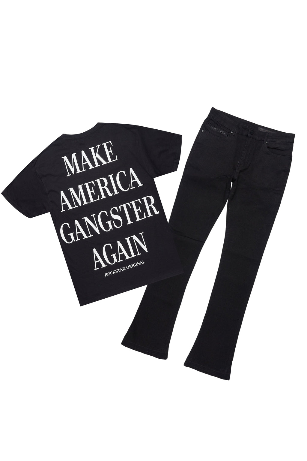 Drako Black/White Oversized Graphic T-Shirt/Dag Stacked Flare Jean Set