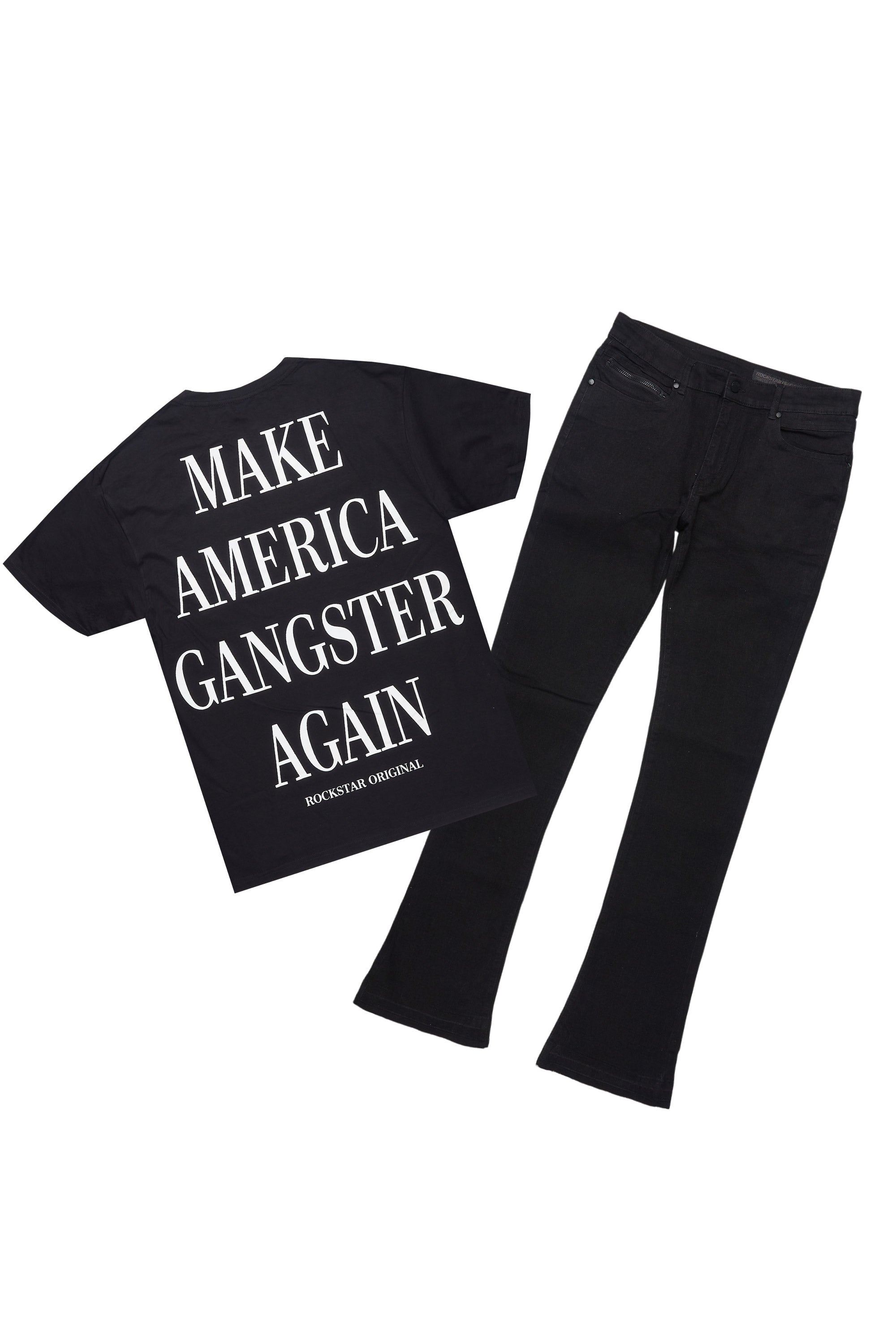 Drako Black/White Oversized Graphic T-Shirt/Dag Stacked Flare Jean Set