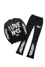 Banyan Black/White Long Sleeve T-Shirt/Stacked Baggy Track Pant Set