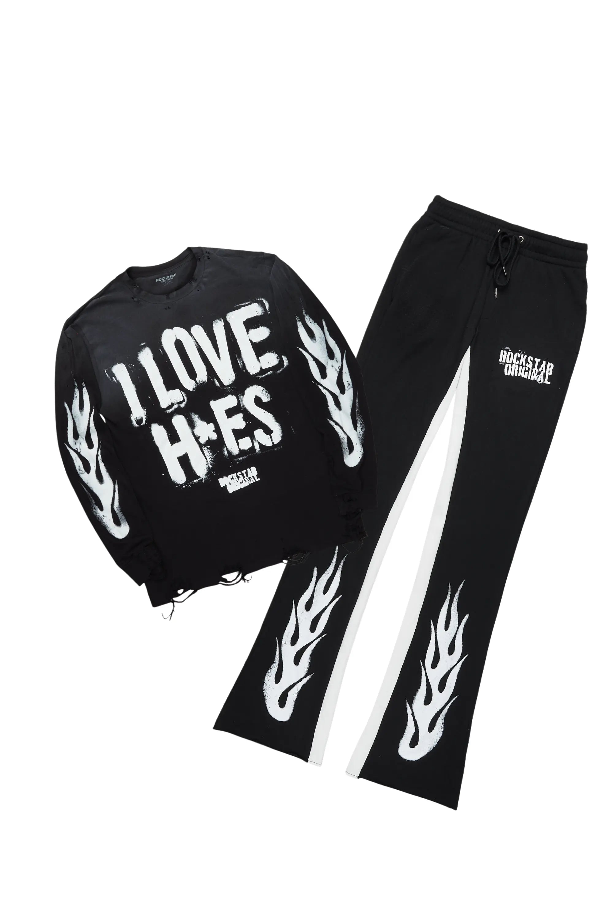 Banyan Black/White Long Sleeve T-Shirt/Stacked Baggy Track Pant Set