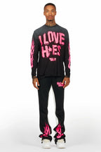 Banyan Black/Pink Long Sleeve T-Shirt/Stacked Baggy Track Pant Set