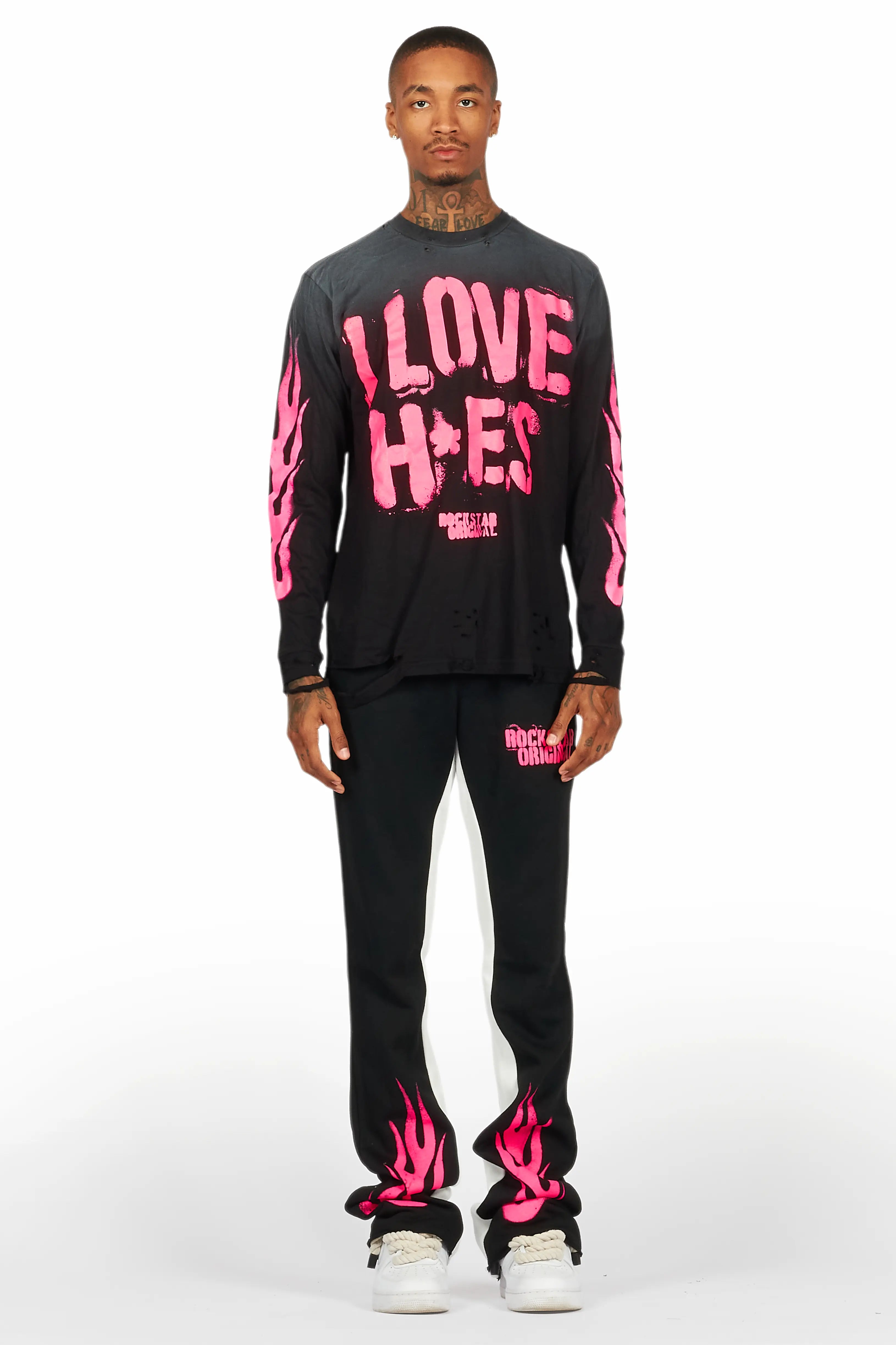 Banyan Black/Pink Long Sleeve T-Shirt/Stacked Baggy Track Pant Set