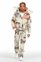 Boys Lamont Beige Multi Tapestry Puffer Jacket/Flare Jean Set