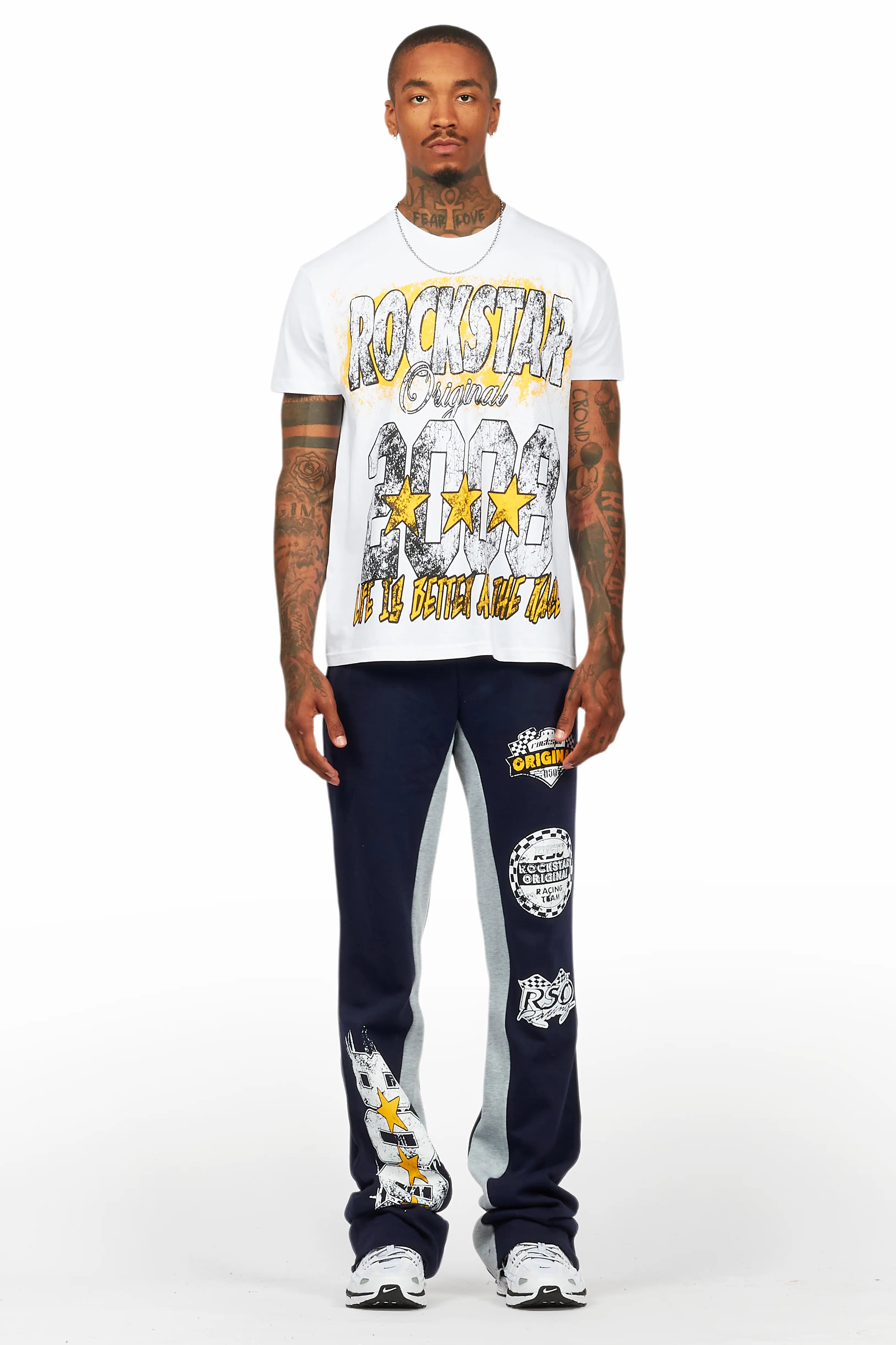 Racing Grung White/Navy T-Shirt/Stacked Baggy Track Pant Set