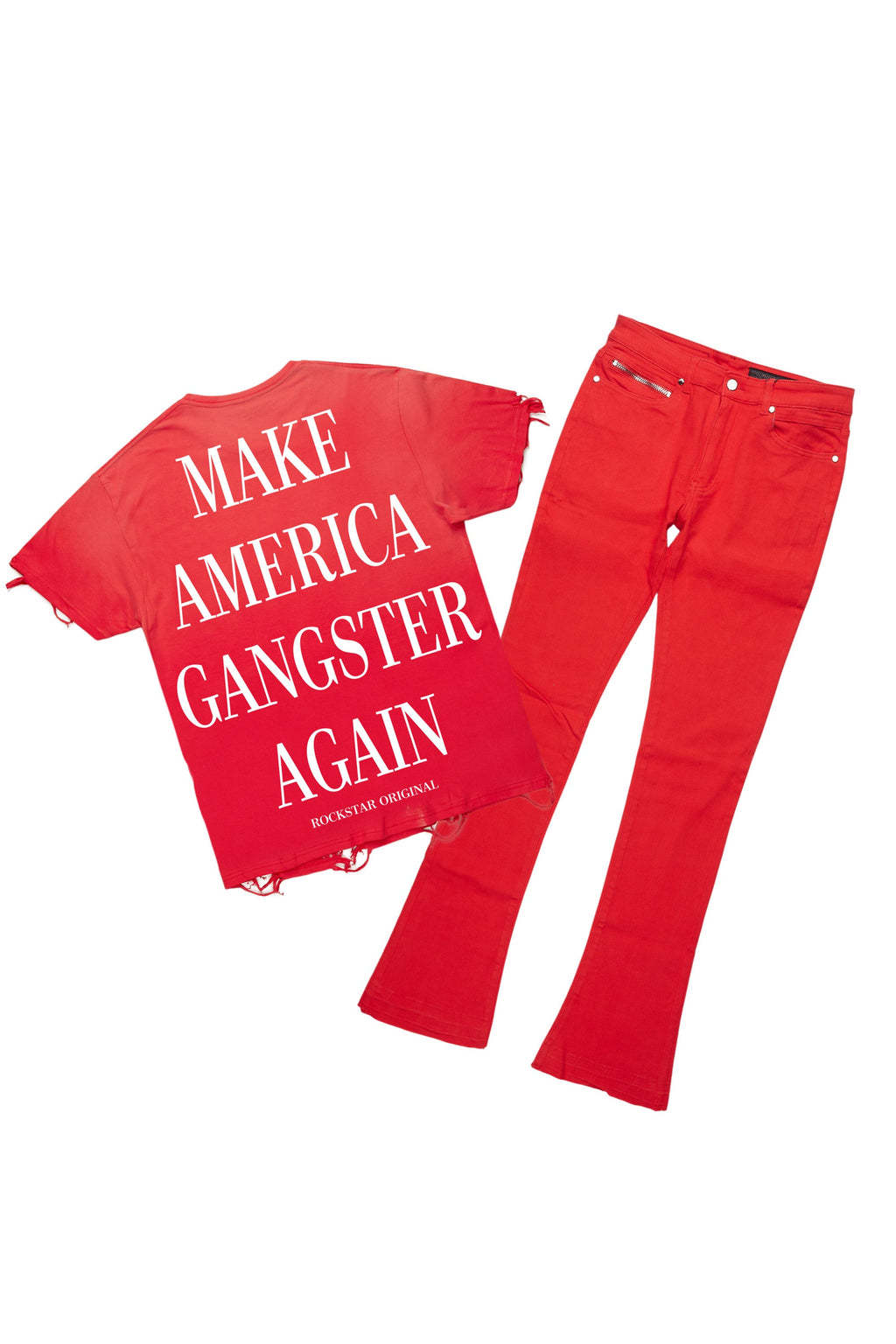 Drako Red/White Oversized Graphic T-Shirt/Dag Stacked Flare Jean Set