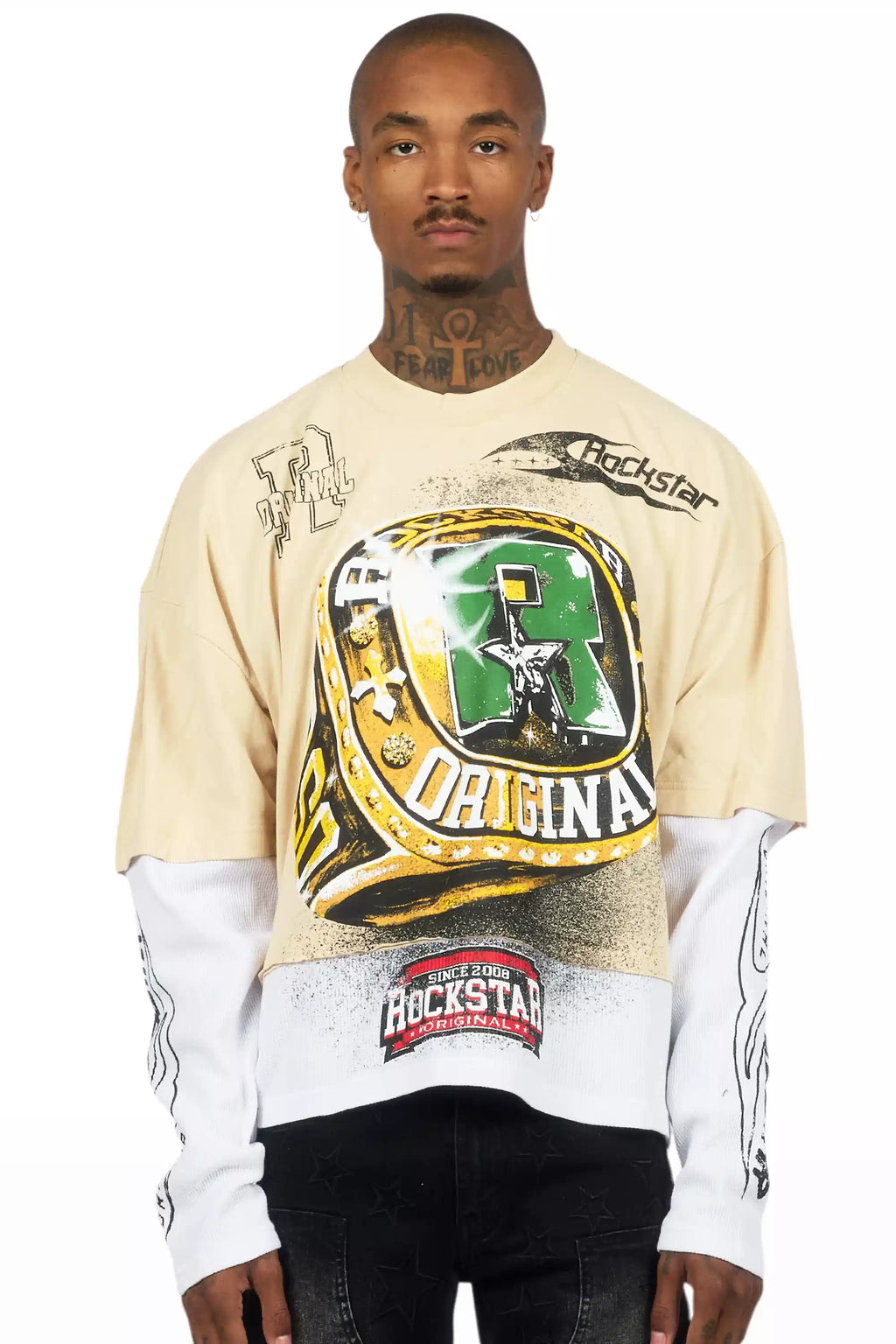 Gemchamp Beige/Red Boxy Crop Double Layer Tee