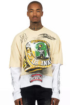 Gemchamp Beige/Red Boxy Crop Double Layer Tee