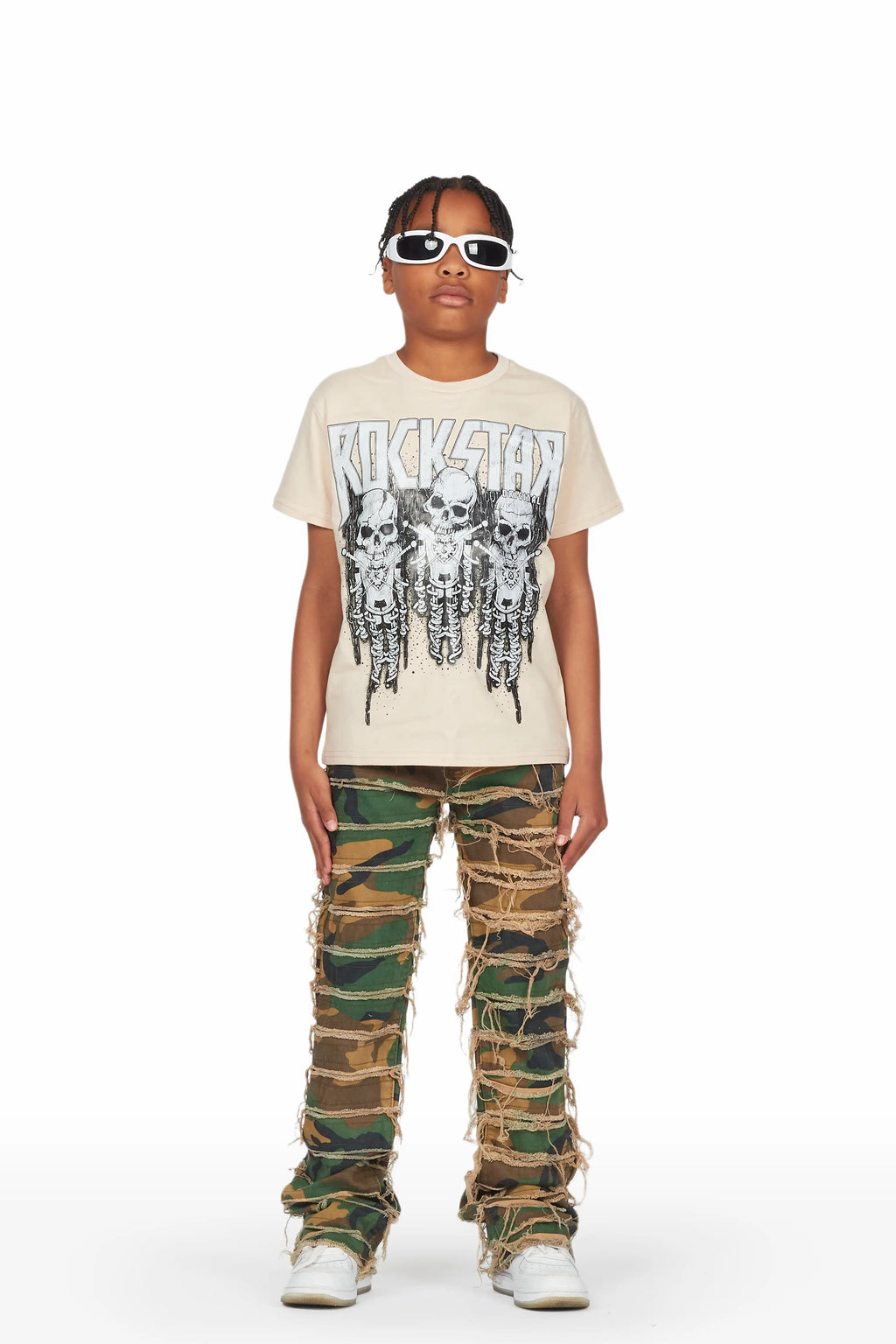 Boys Sabbath Beige/Camo T-Shirt/Stacked Flare Jean Set