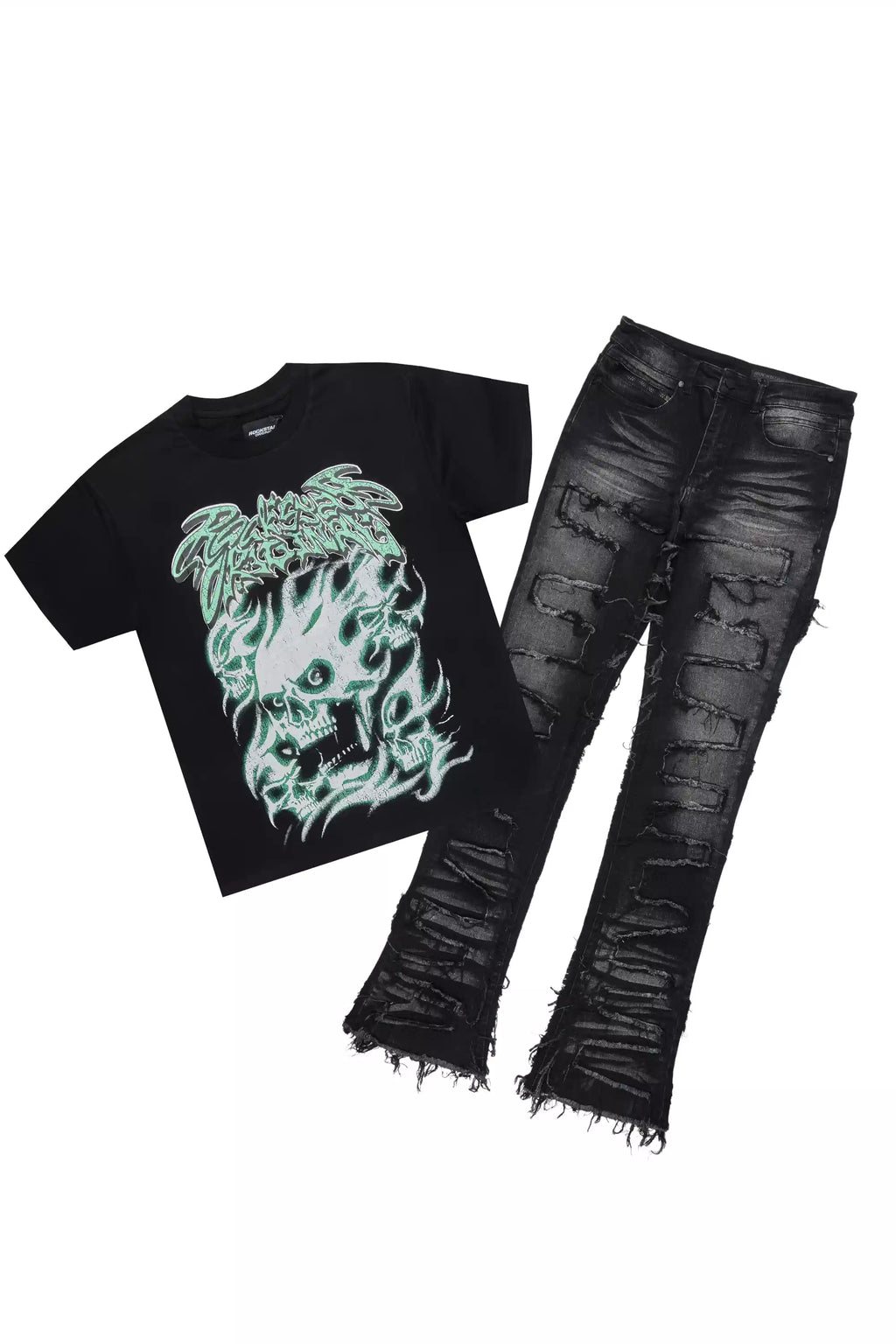 Schtupp Black Oversized T-Shirt/Stacked Flare Jean Bundle