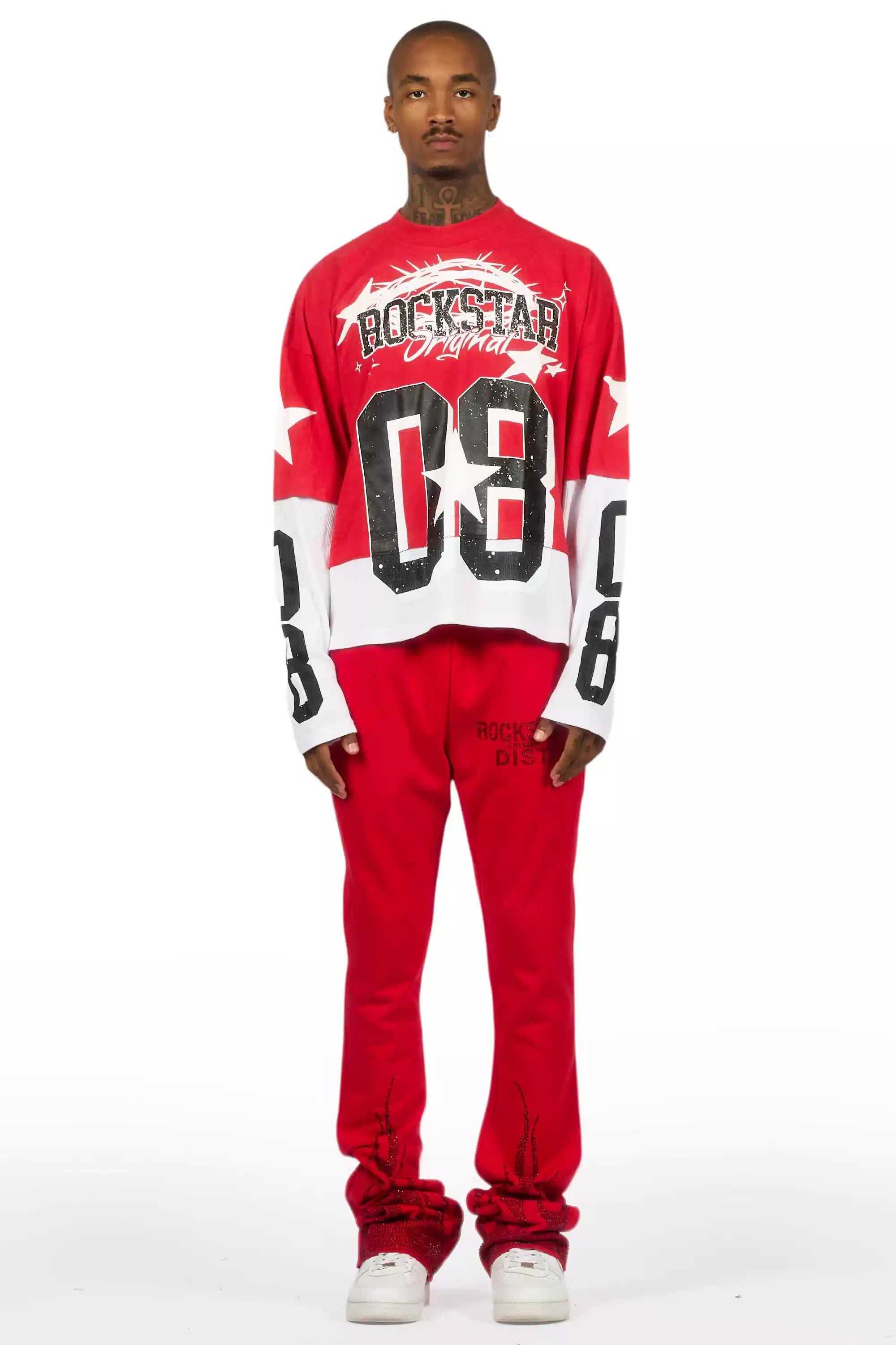 Pyrel Red/Black Rhinestone Stacked Flare Pant