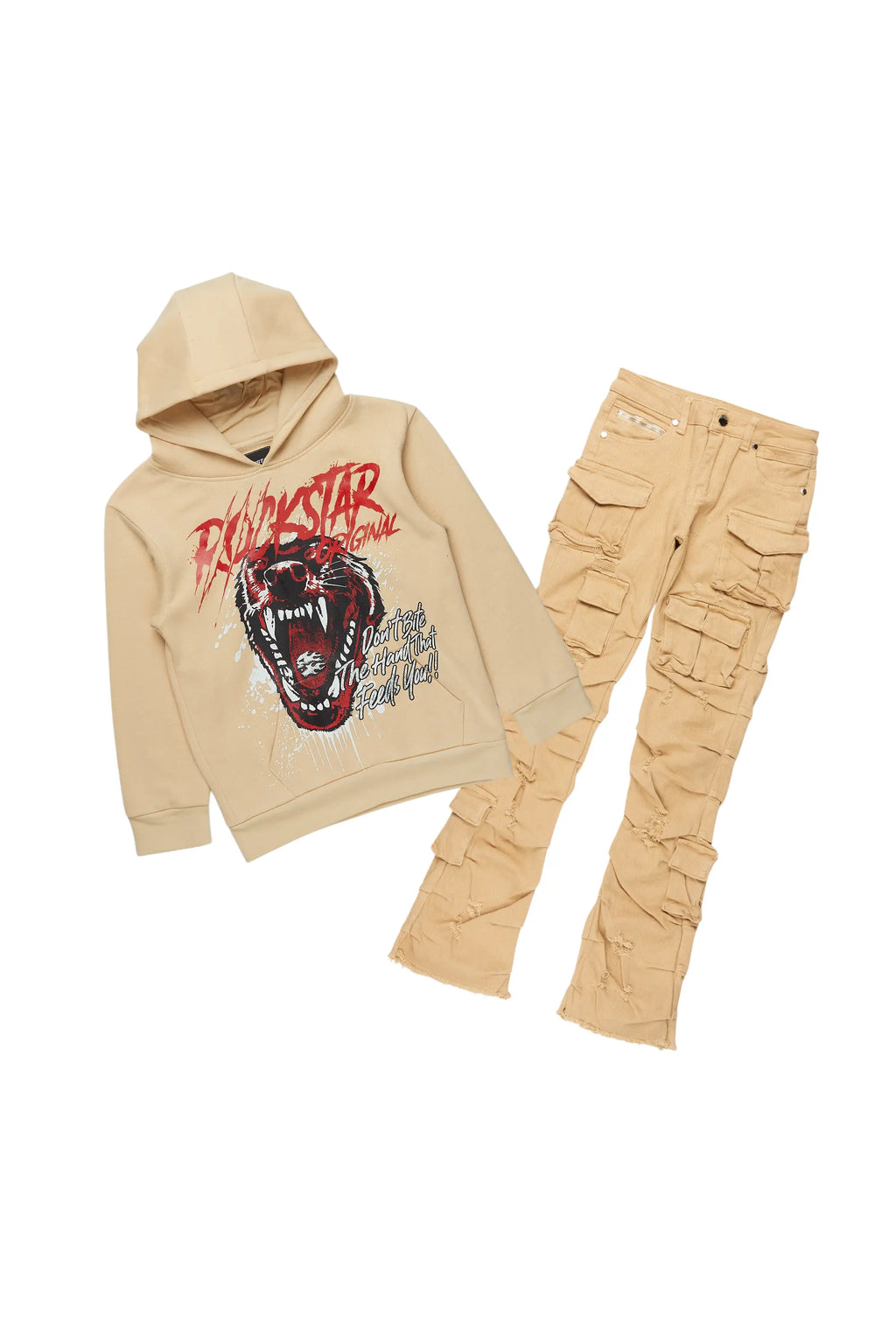 Boys Griff Beige/Beige Hoodie/Stacked Flare Jean Set