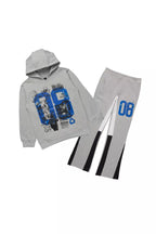 Boys Beau Grey/Blue Hoodie Stacked Flare Track Set