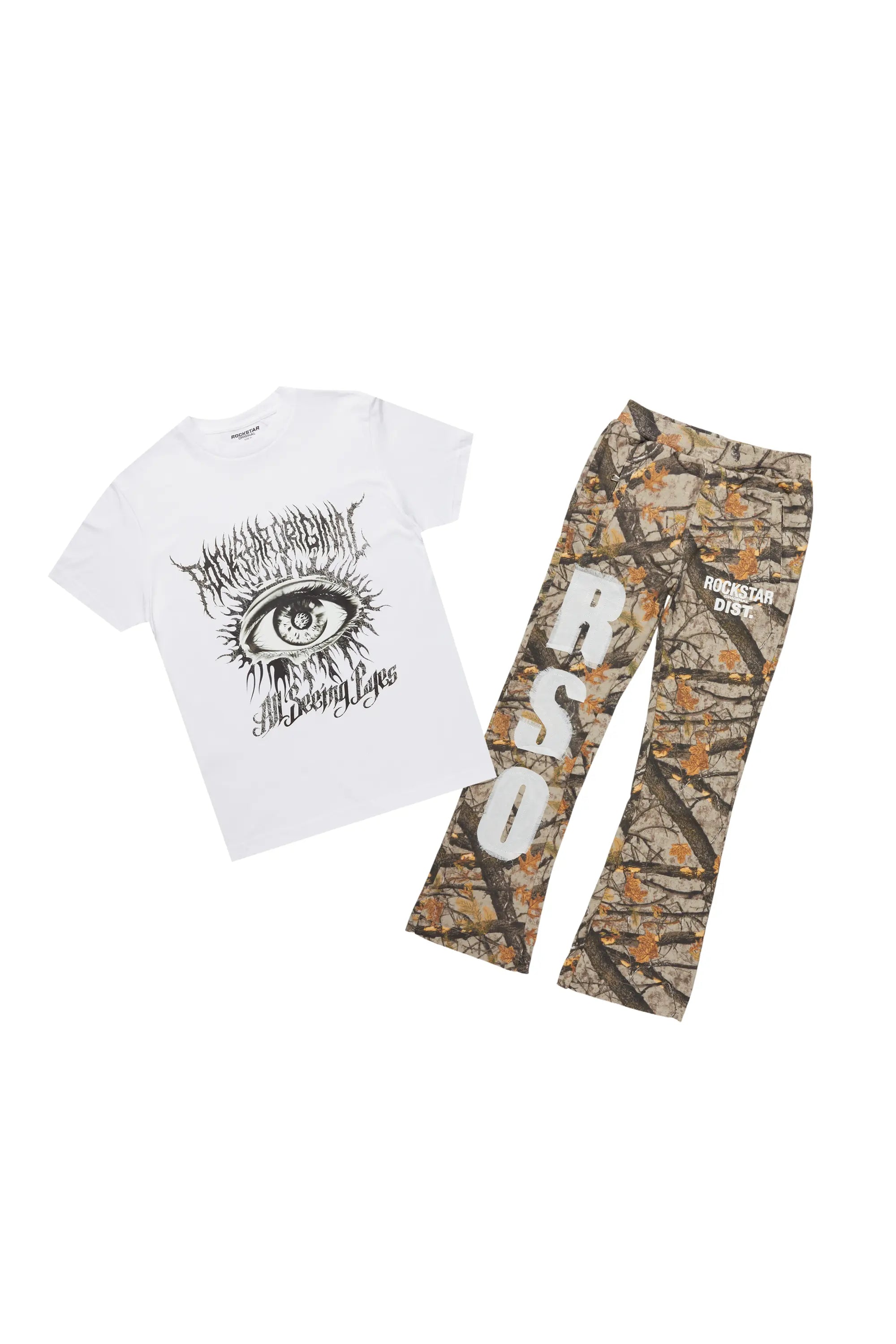 Boys All Eyes White/Camo T-Shirt/Stacked Flare Pant Set