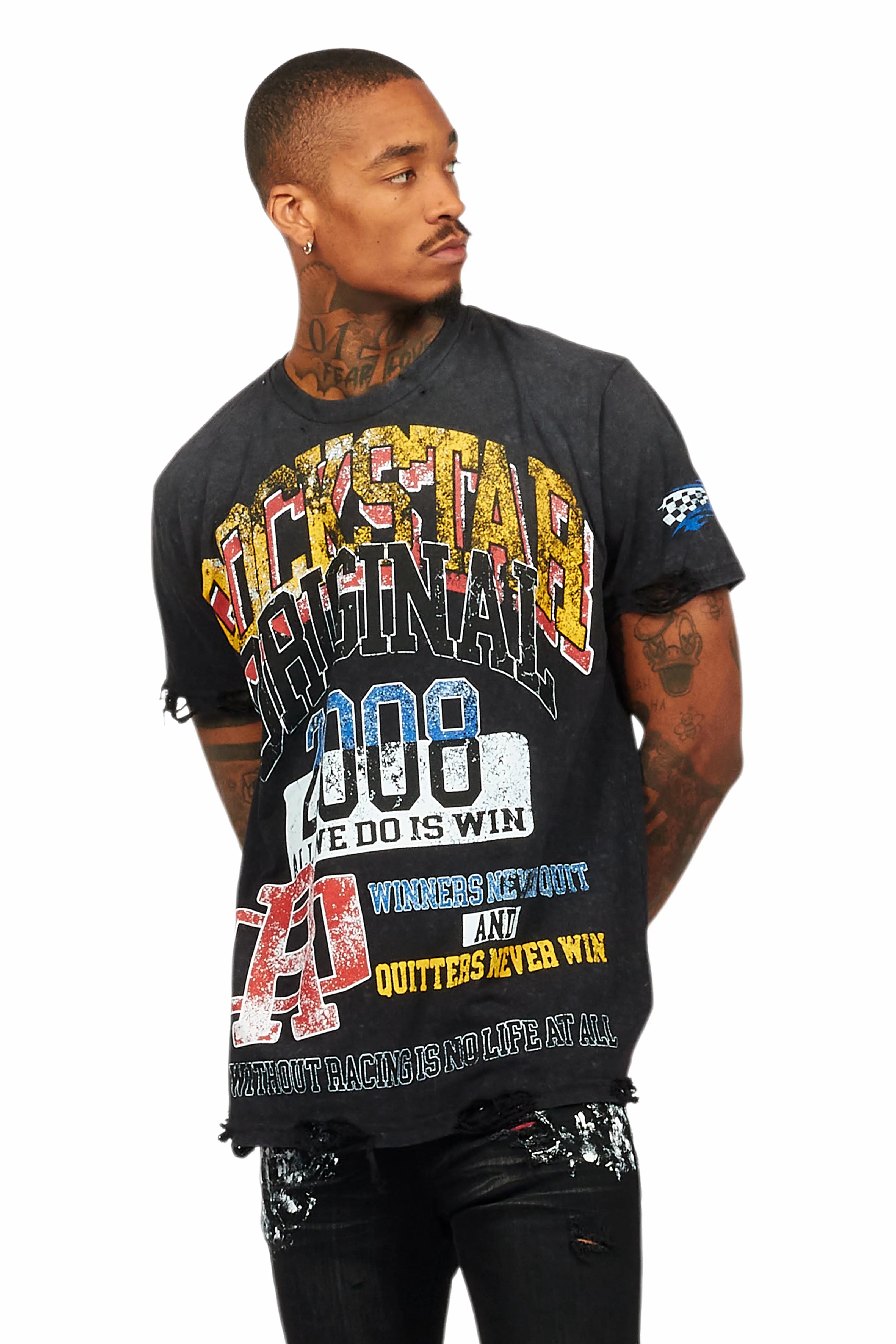 Colorful Race Vintage Black Oversized Distressed Graphic T-Shirt