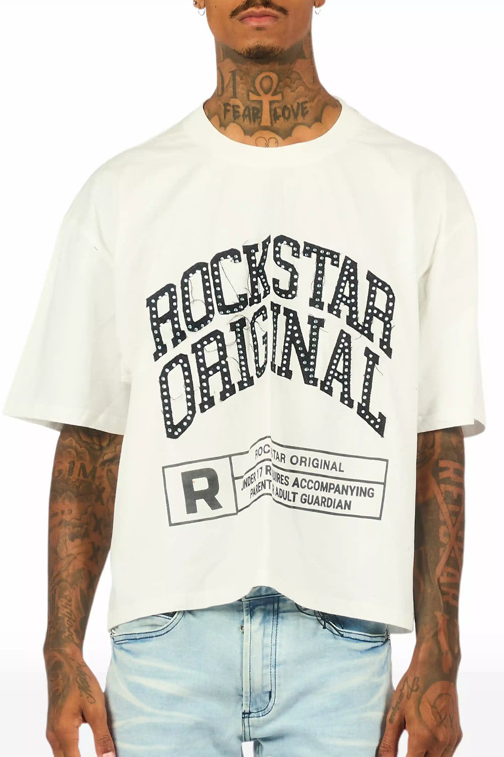 Tracy White Rhinestone Boxy Crop T-Shirt