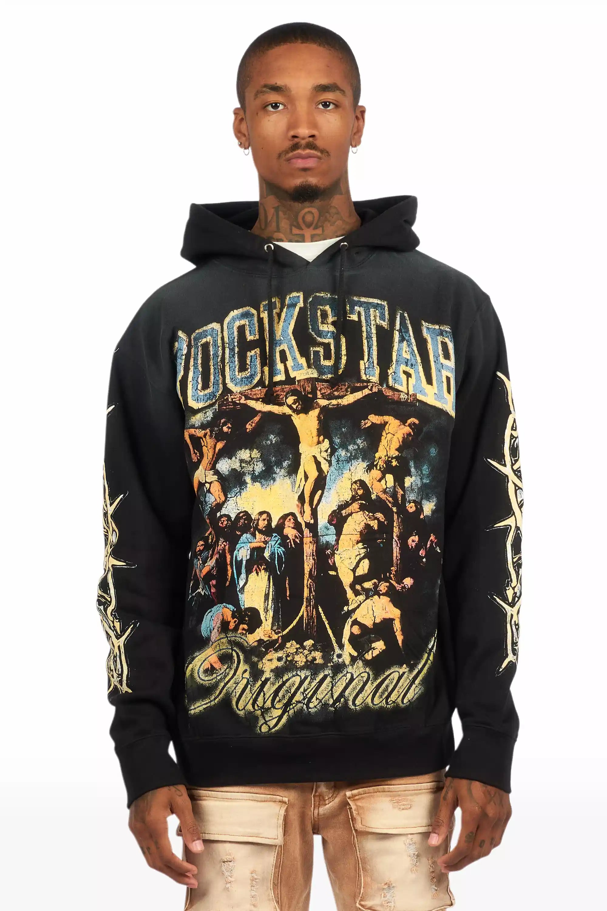 Waller Black Graphic Distressed Hoodie