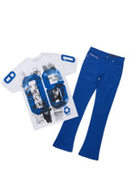 Grill White/Royal Blue Oversized Graphic T-Shirt/Dag Stacked Flare Jean Set