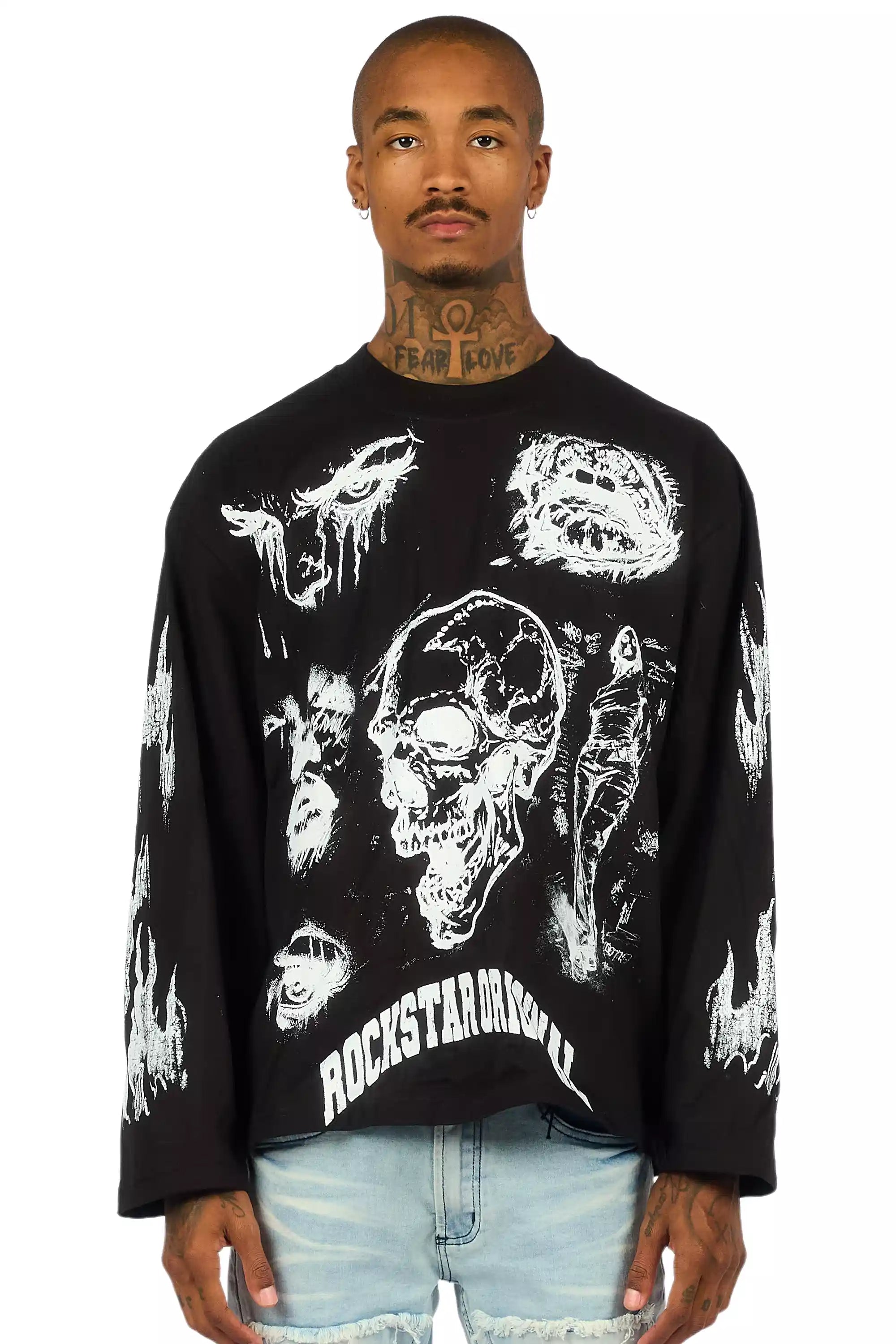 Malikye Black/White Oversized Long Sleeve Graphic T-Shirt
