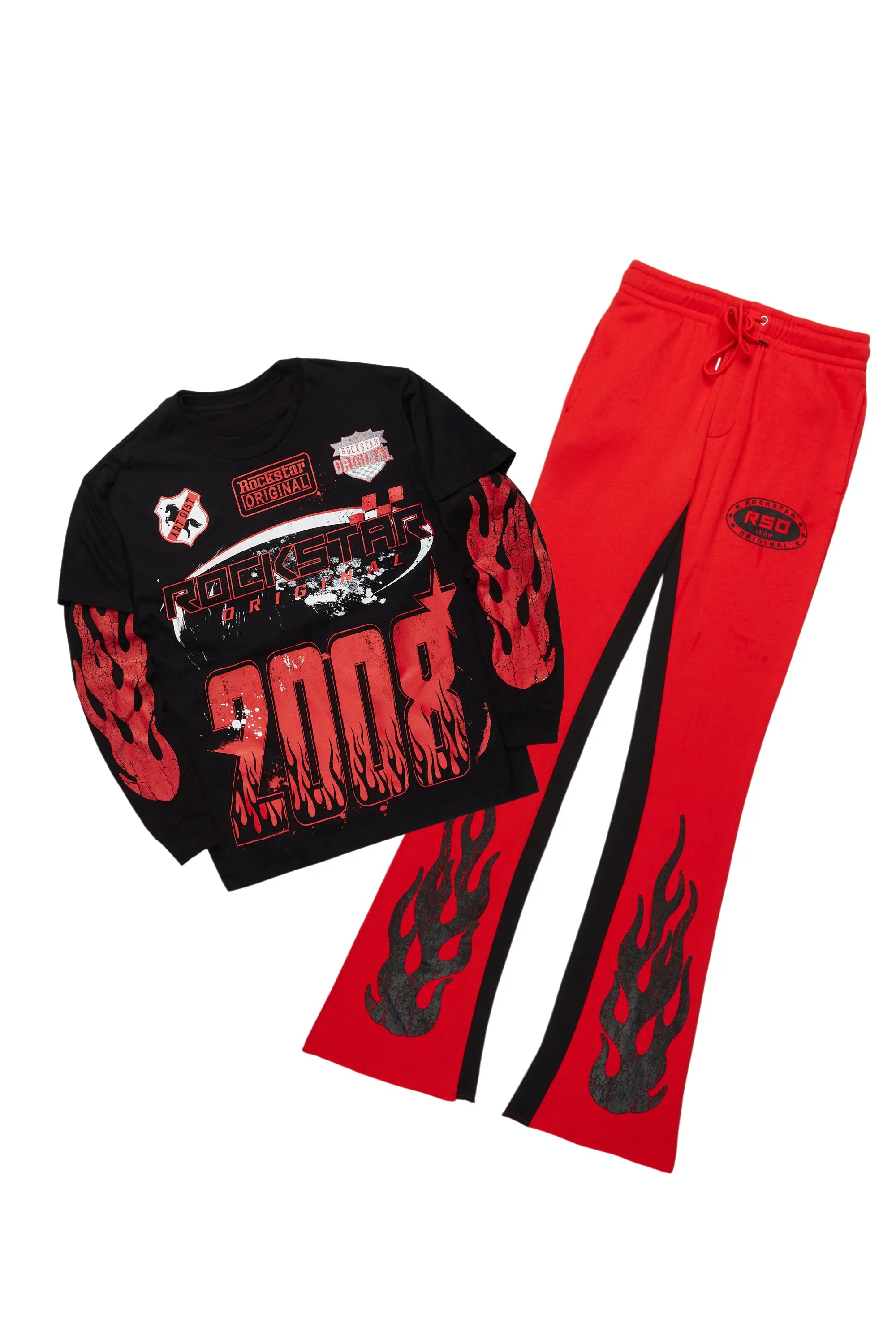 Amos Black/Red Double Layer T-Shirt/Stacked Baggy Pant Set