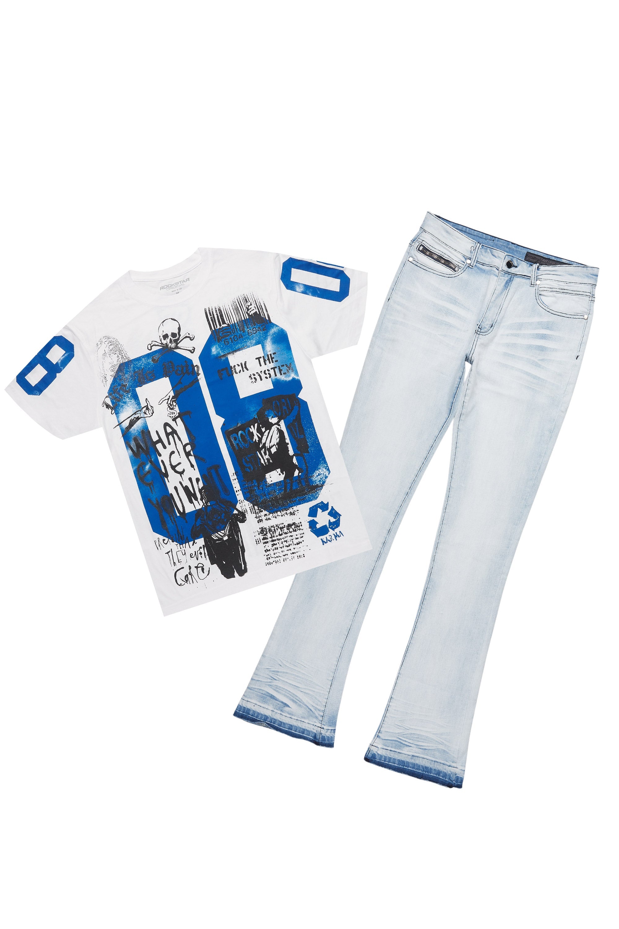 Grill White/Blue Oversized Graphic T-Shirt/Dag Stacked Flare Jean Set