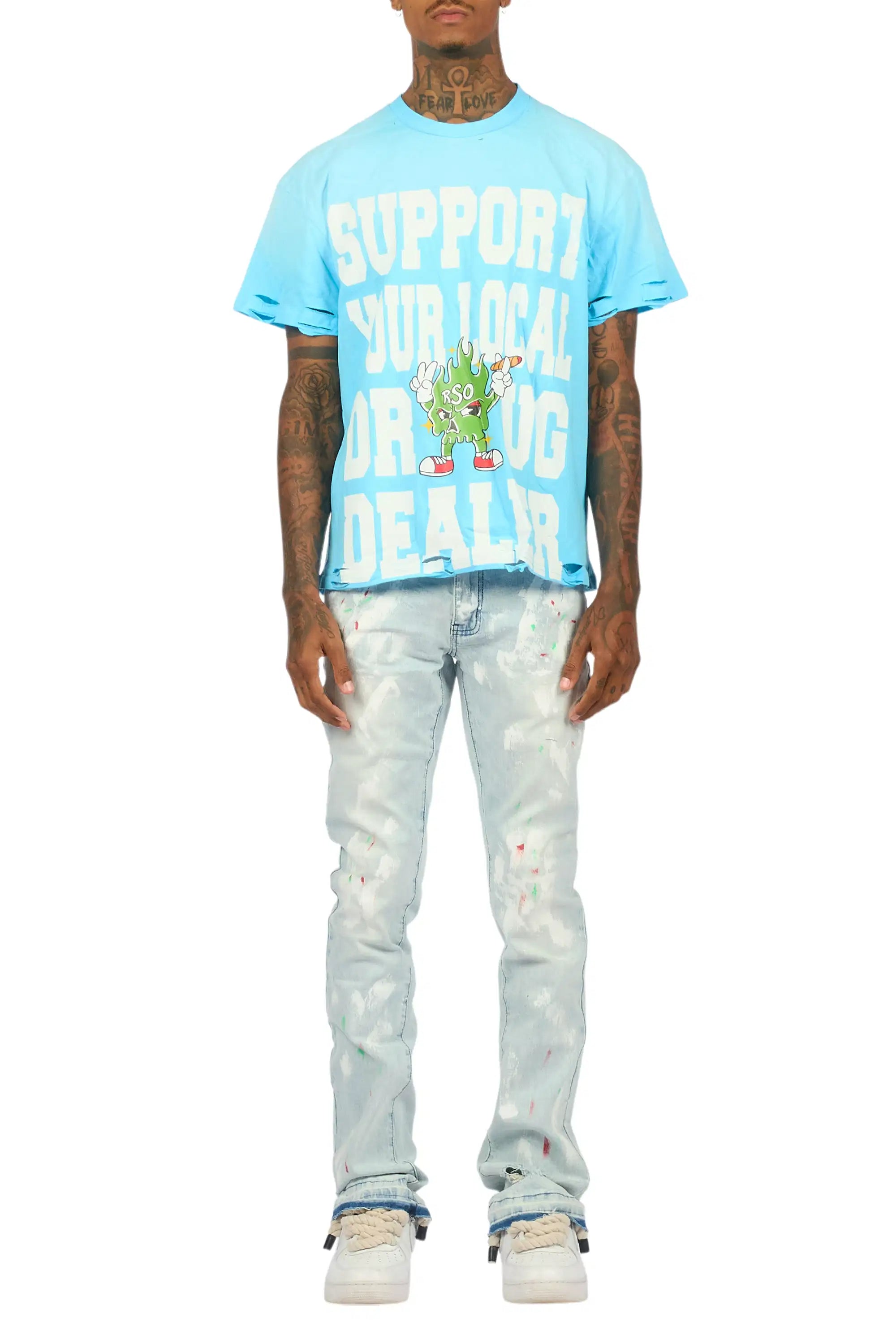 Tarl Blue Oversized T-Shirt/Stacked Flare Jean Set