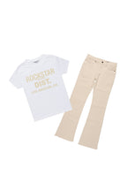 Boys Lake White/Beige T-Shirt/Dag Stacked Flare Jean Set