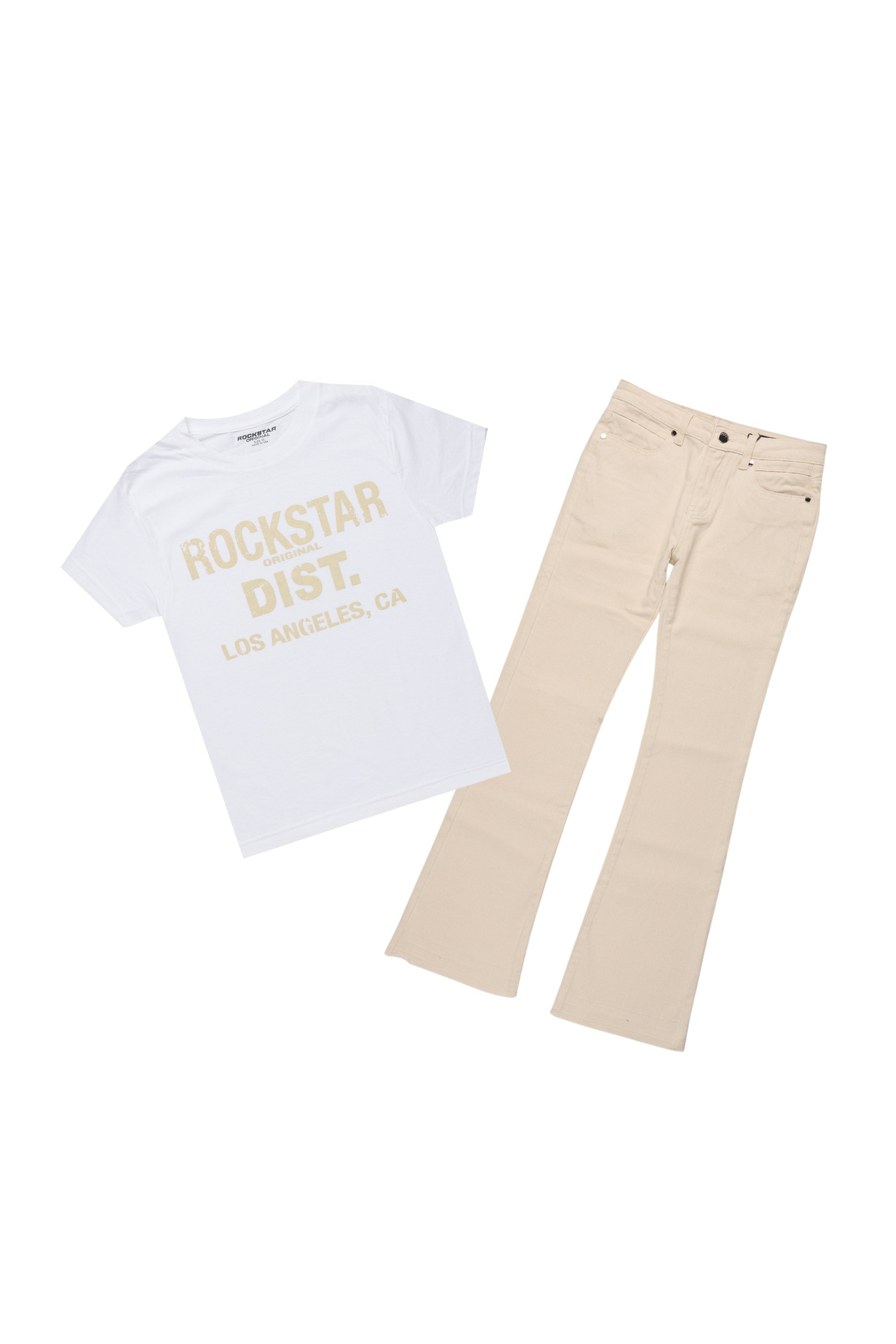 Boys Lake White/Beige T-Shirt/Dag Stacked Flare Jean Set