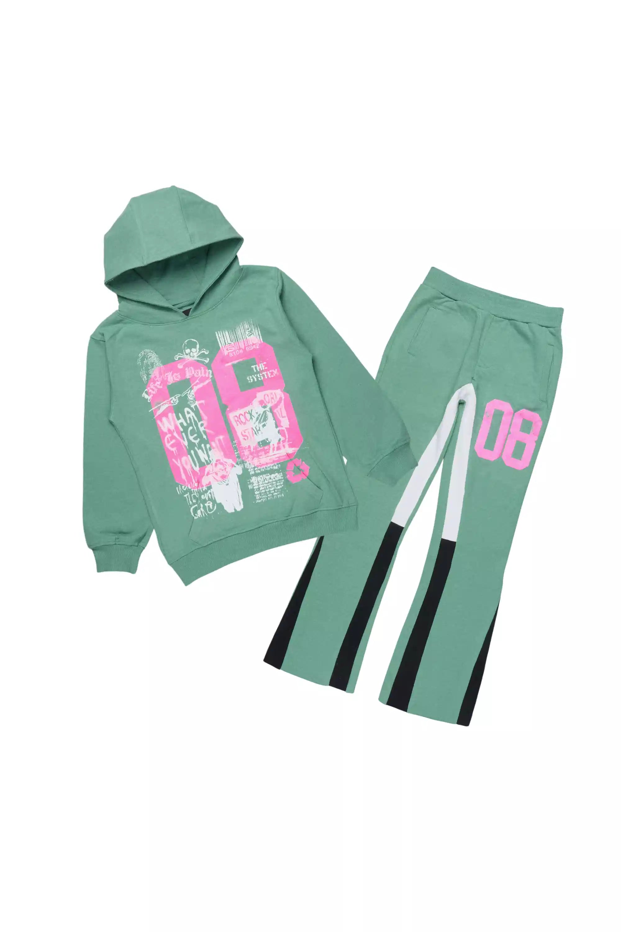 Girls Kammy Sage/Pink Hoodie Stacked Track Set