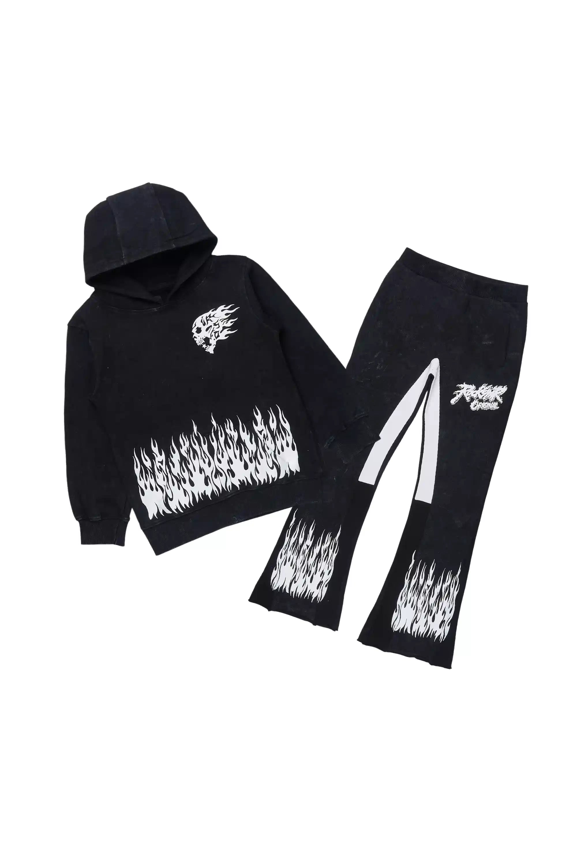 Girls Bubble Vintage Black/White Hoodie Stacked Flare Track Set