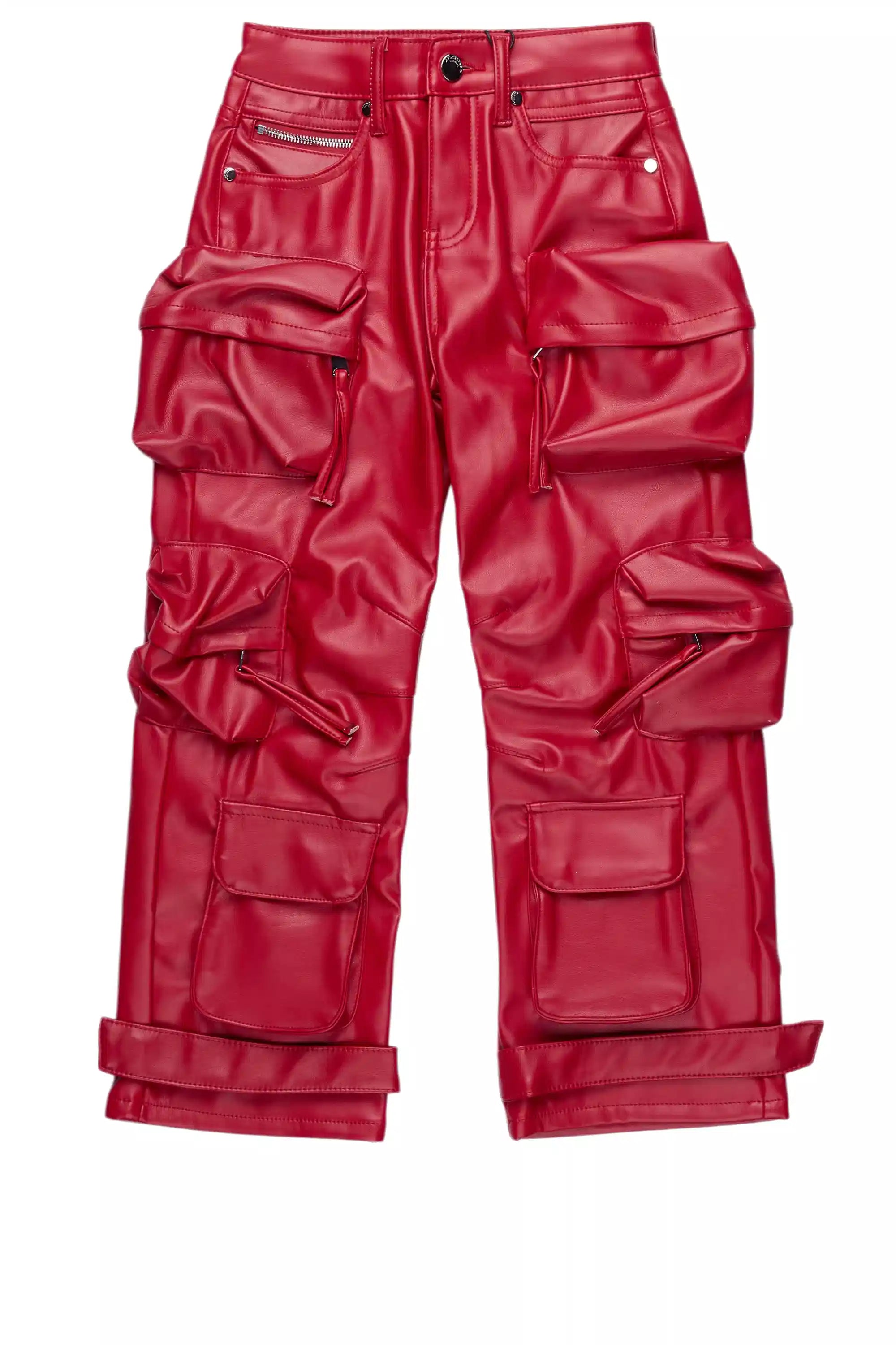 Boys Lenz Red PU Cargo Leather Baggy Fit Jean