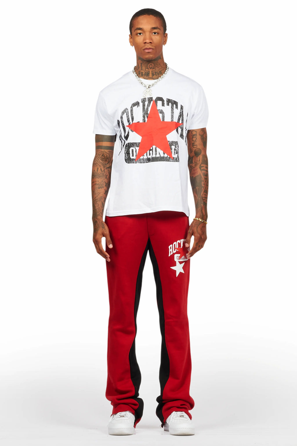 Mallor White/Burgundy T-Shirt/Stacked Baggy Track Pant Set