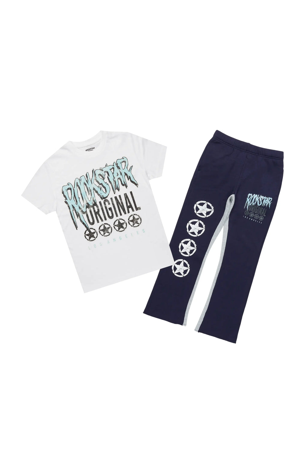 Boys Arjun White/Navy T-Shirt/Stacked Baggy Flare Pant Set