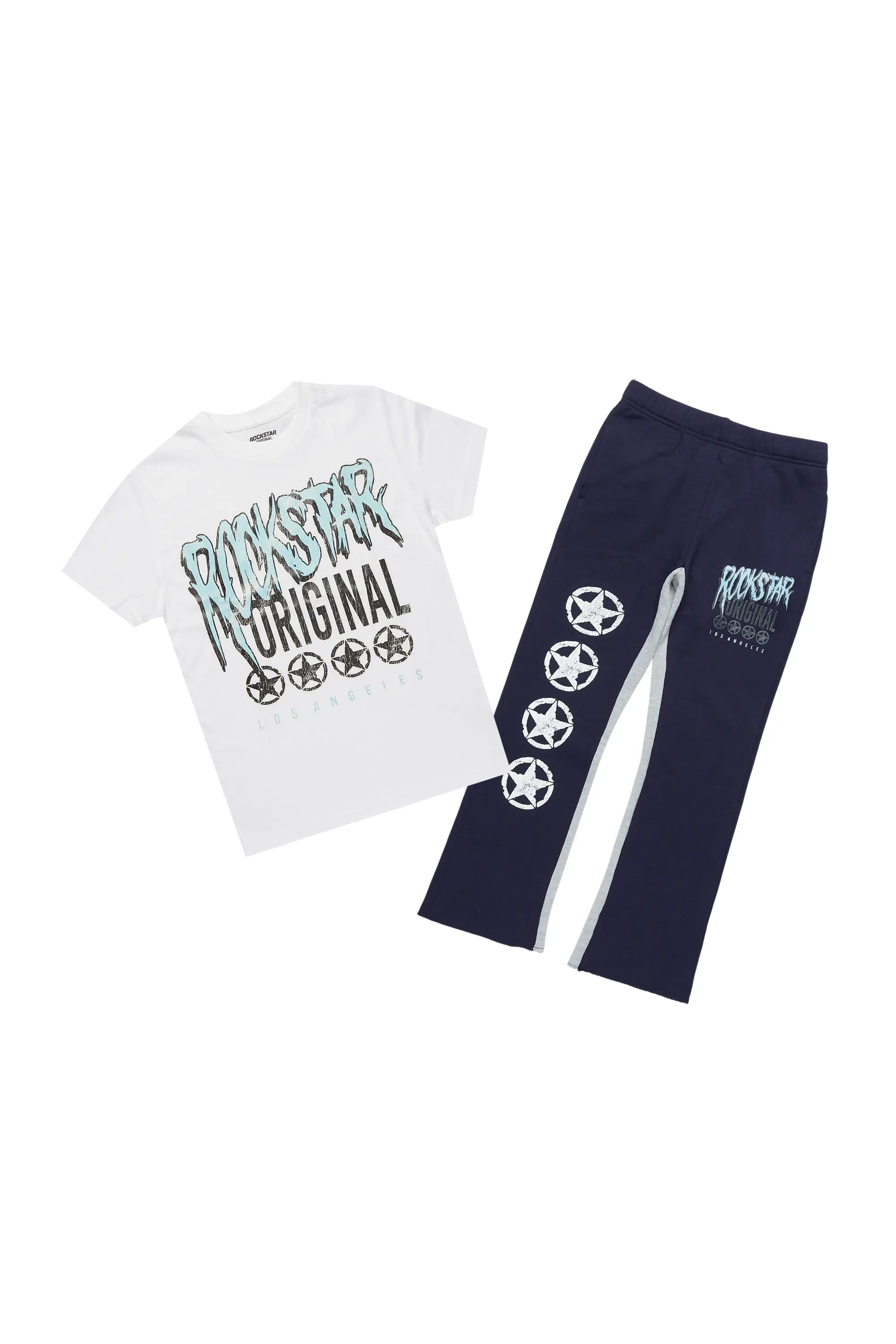 Boys Arjun White/Navy T-Shirt/Stacked Baggy Flare Pant Set