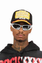 Beno Black/Yellow Flames Graphic Trucker Hat