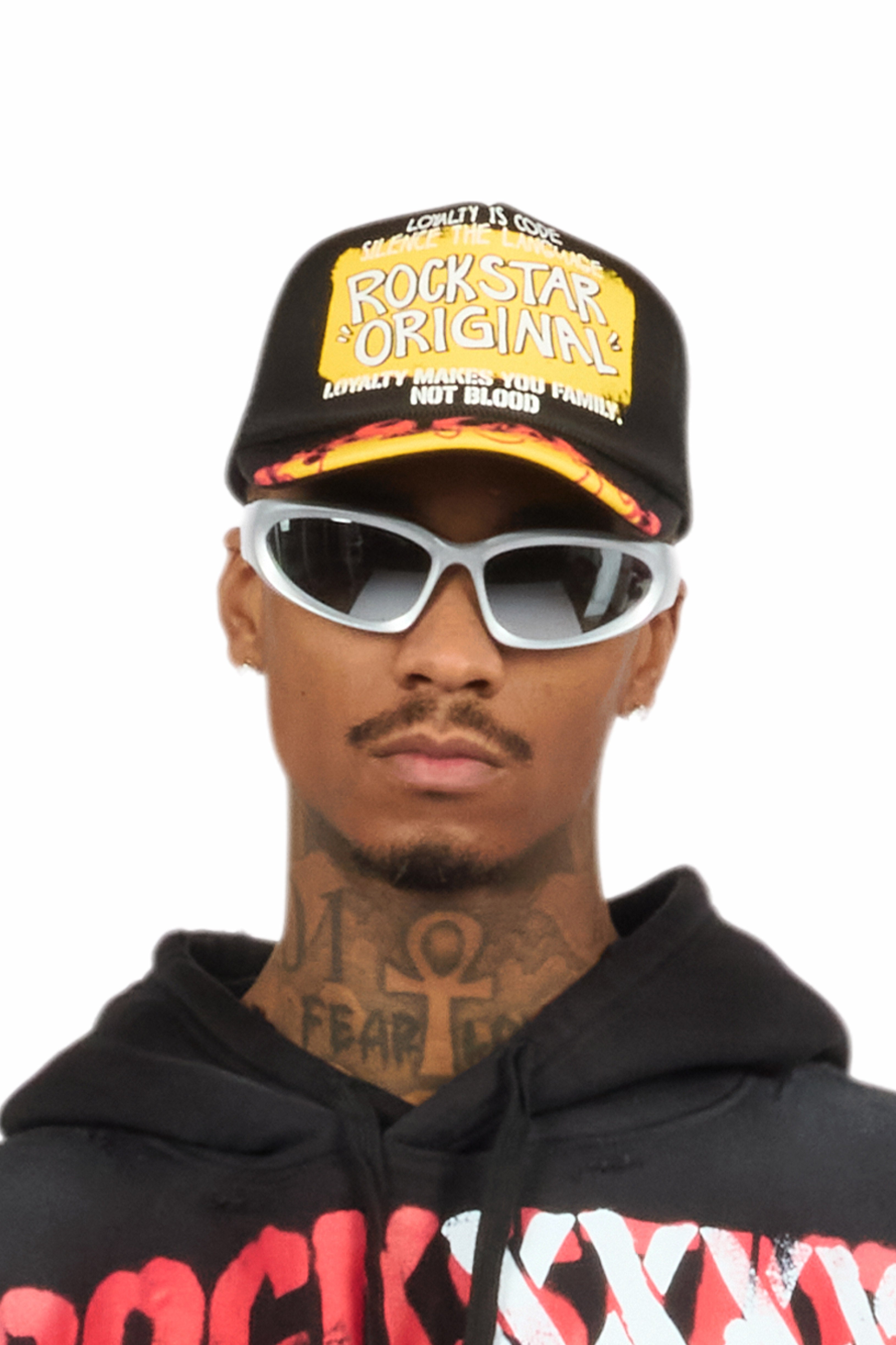 Beno Black/Yellow Flames Graphic Trucker Hat