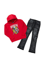 Boys Kashie Red Hoodie/Grey Stacked Flare Jean