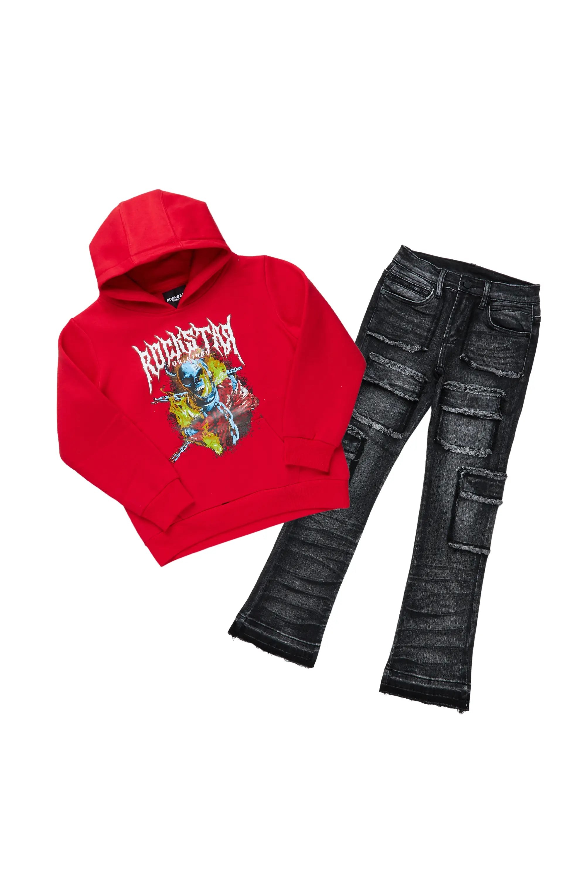 Boys Kashie Red Hoodie/Grey Stacked Flare Jean