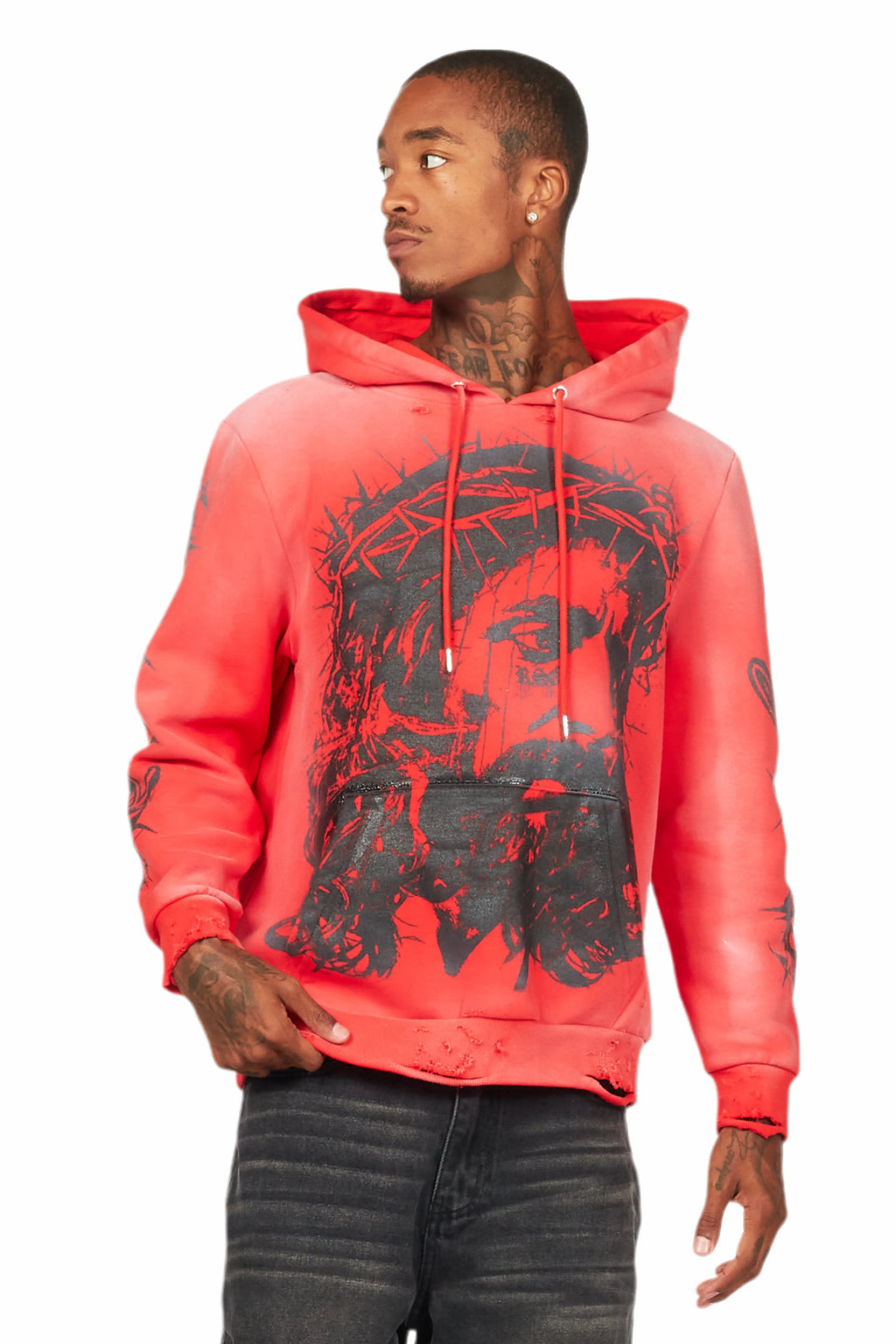 Bedros Red Graphic Distressed Hoodie