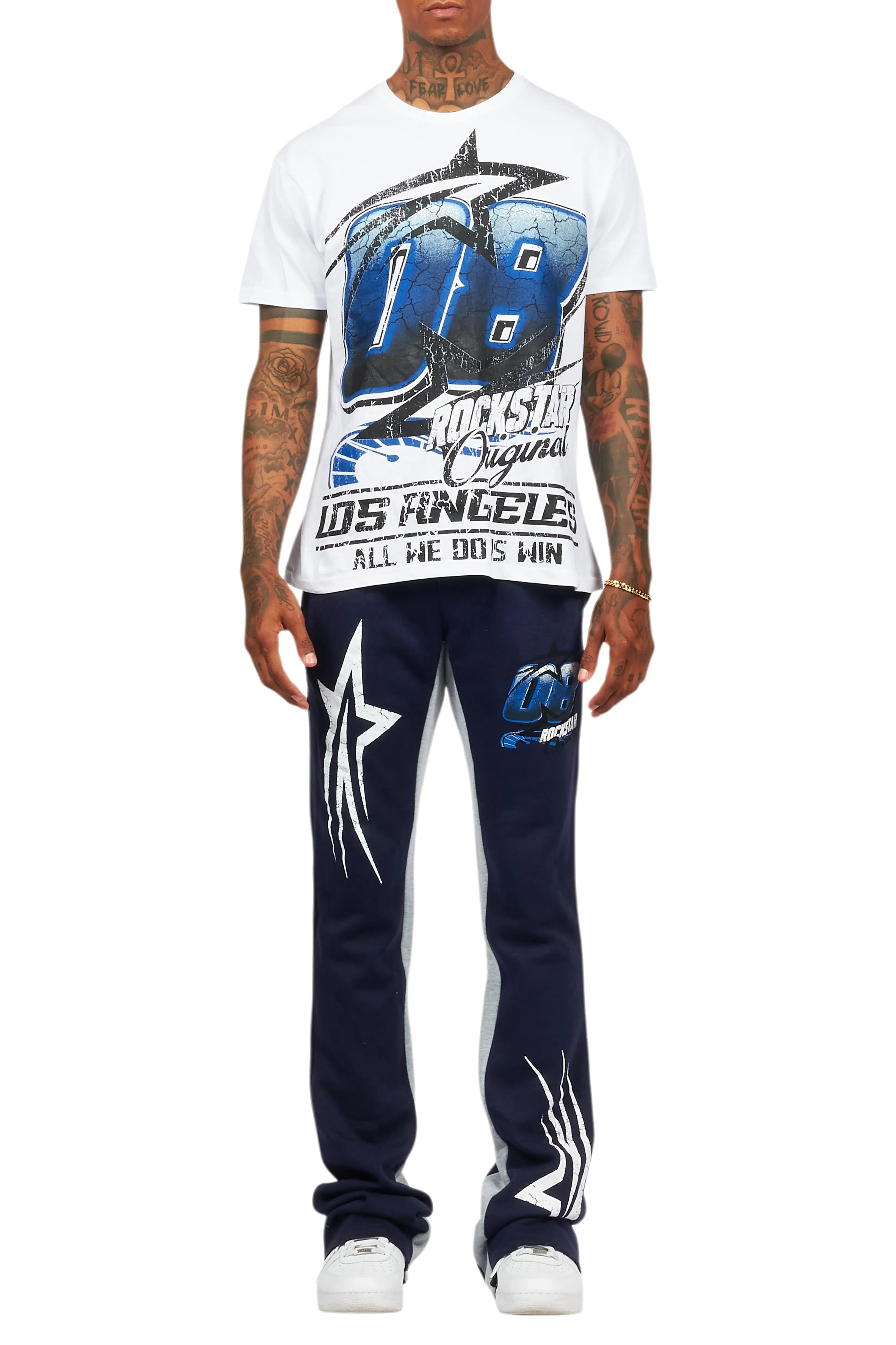 Kastell White/Navy T-Shirt/Stacked Baggy Track Pant Set