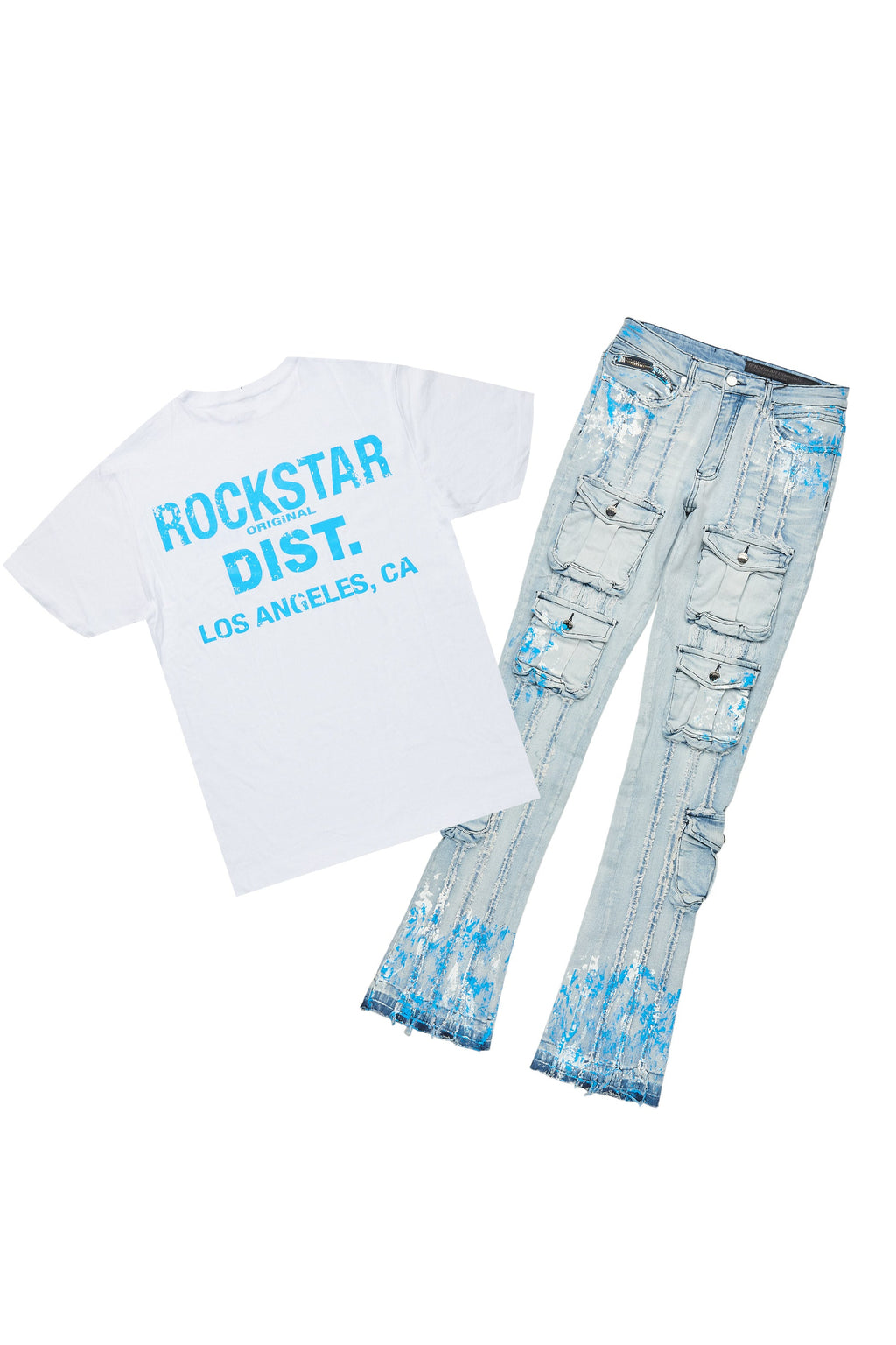Quentin White/Blue T-Shirt/Stacked Flare Jean Set