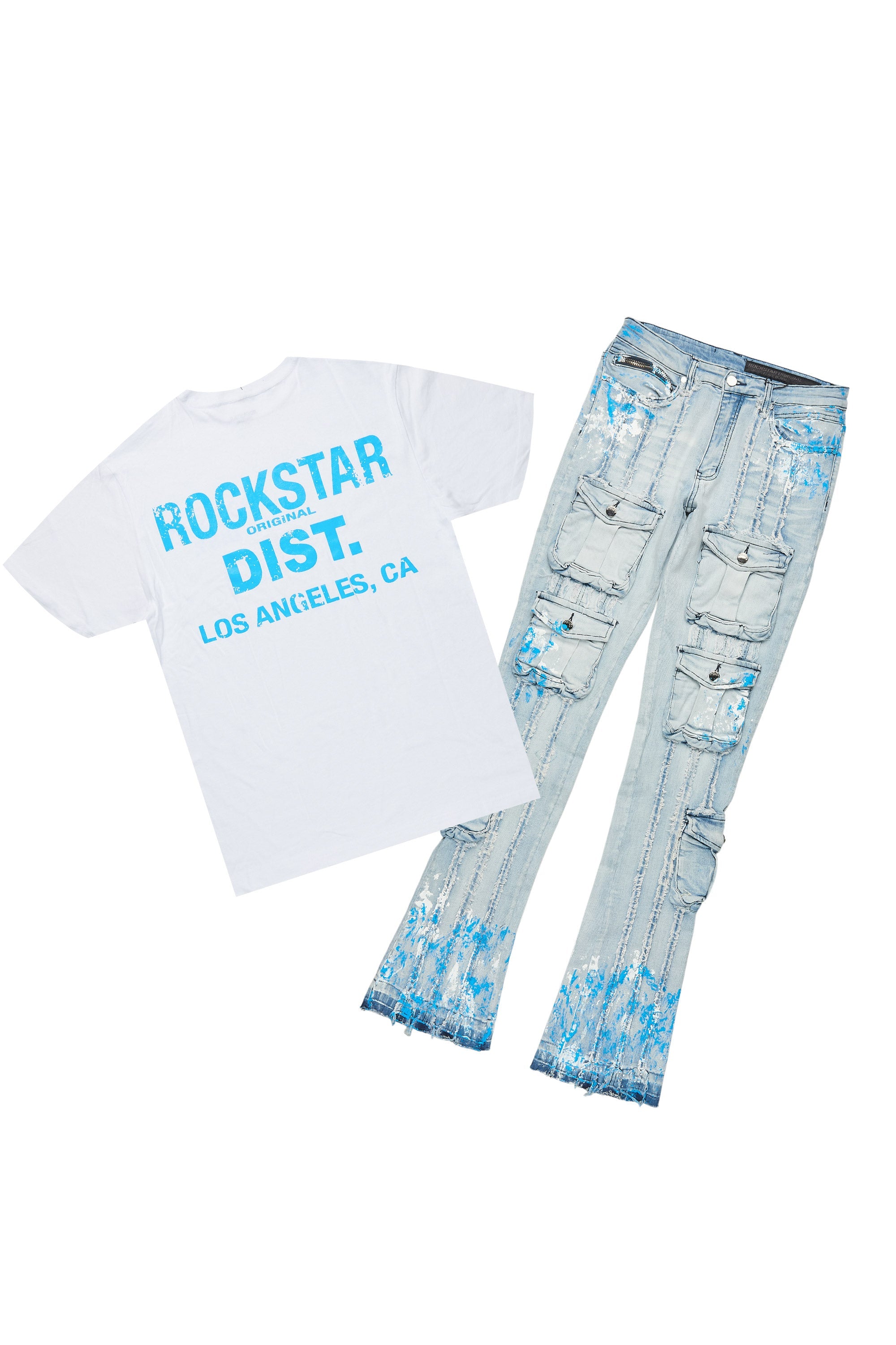 Quentin White/Blue T-Shirt/Stacked Flare Jean Set