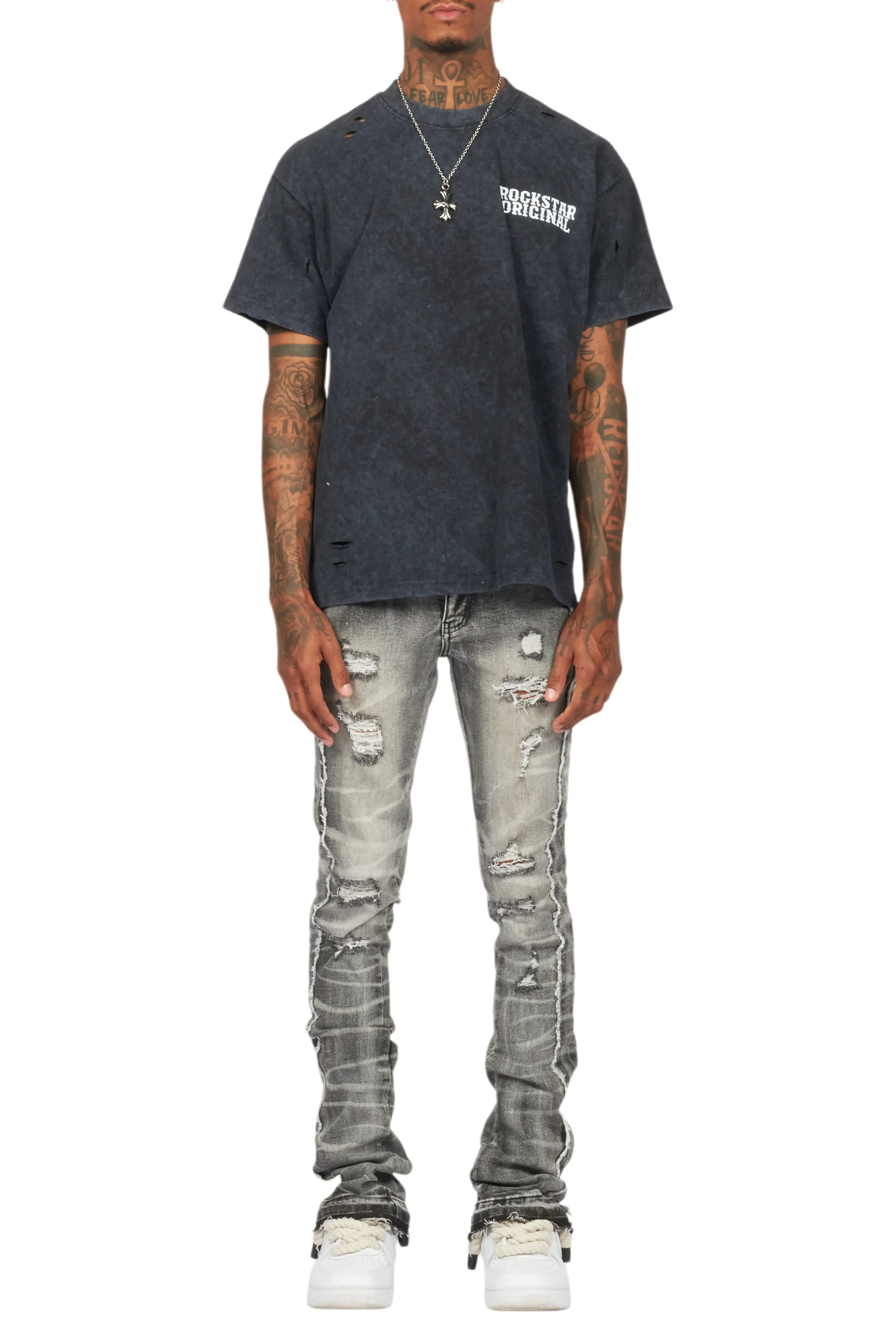 Rugged Black Stacked Flare Jean