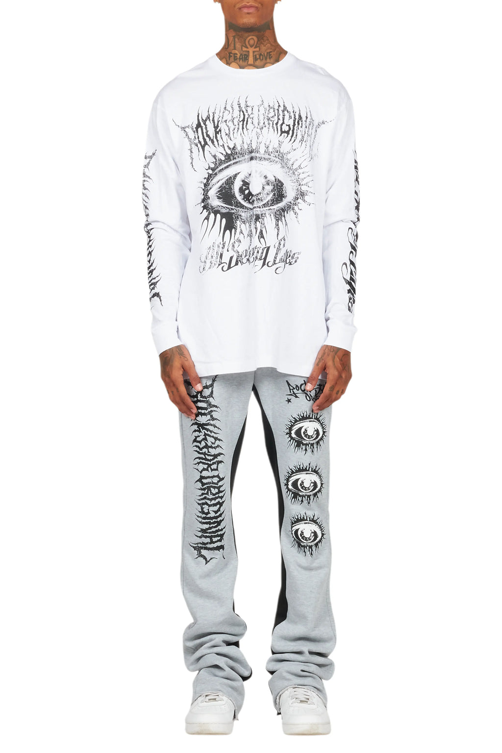 All Seeing Eyes White/Grey Long Sleeve T-Shirt/Baggy Pant Set