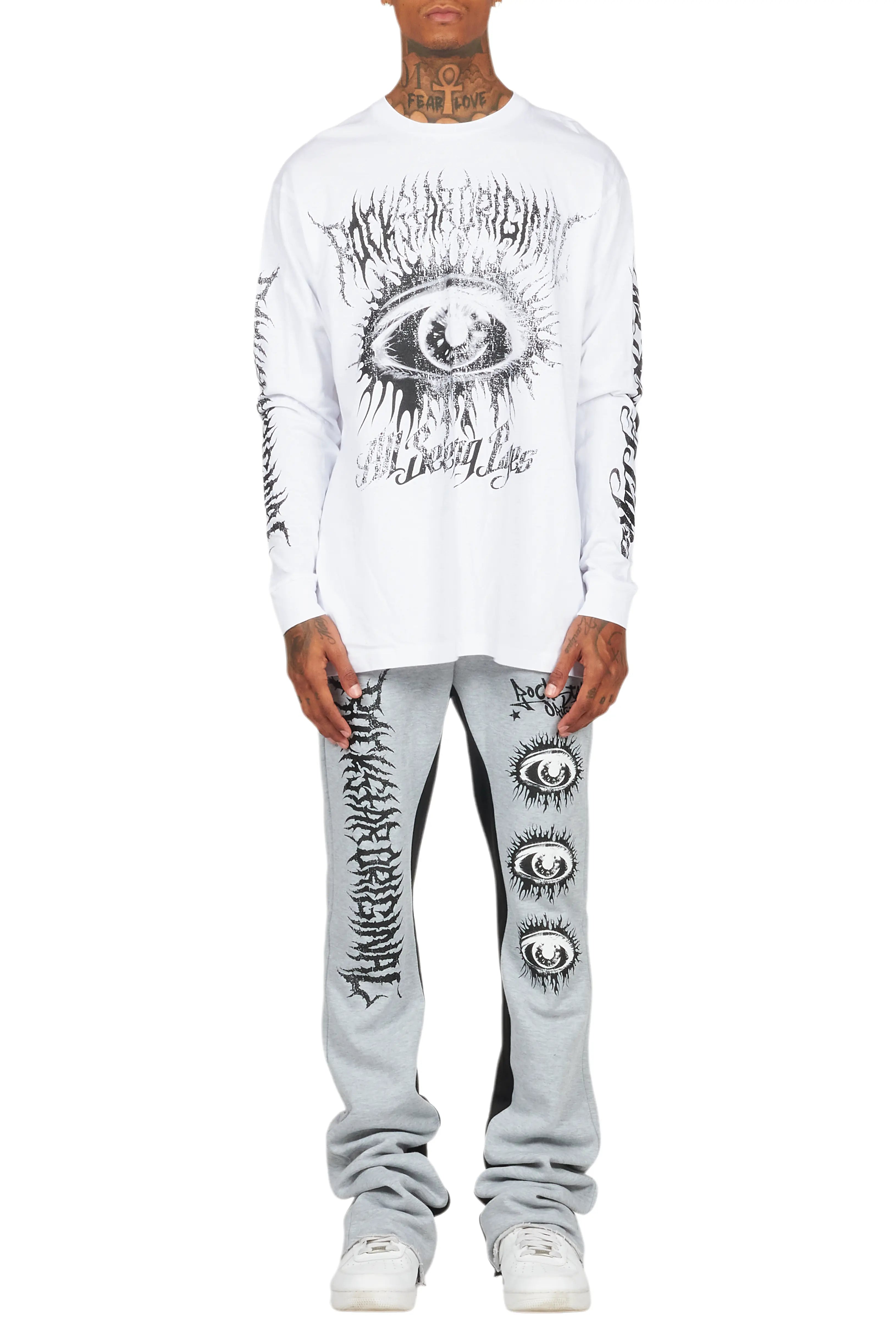 All Seeing Eyes White/Grey Long Sleeve T-Shirt/Baggy Pant Set