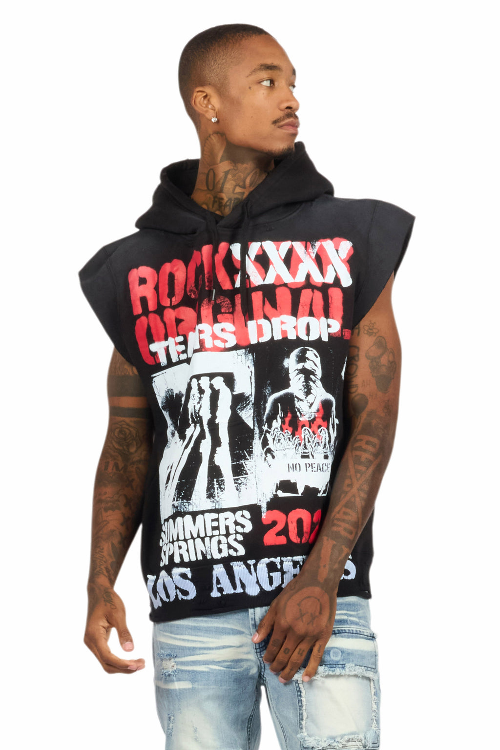 Paton Black/Red Distressed Graphic Cut Sleeve Hoodie