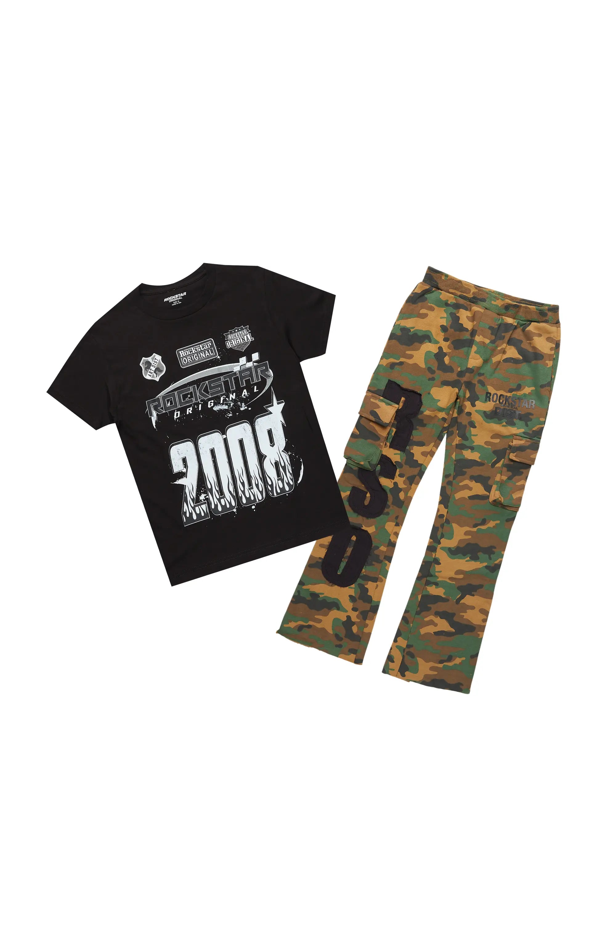 Boys Amos Black/Camo T-Shirt/Stacked Flare Pant Set