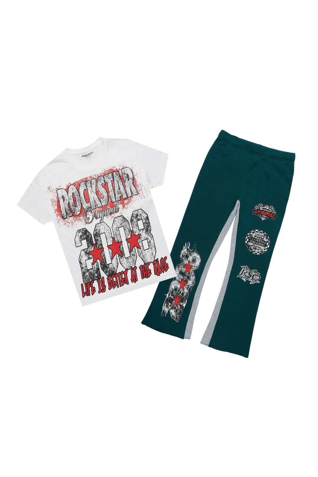 Boys Racing Grung White/Dark Green T-Shirt/Baggy Stacked Pant Set